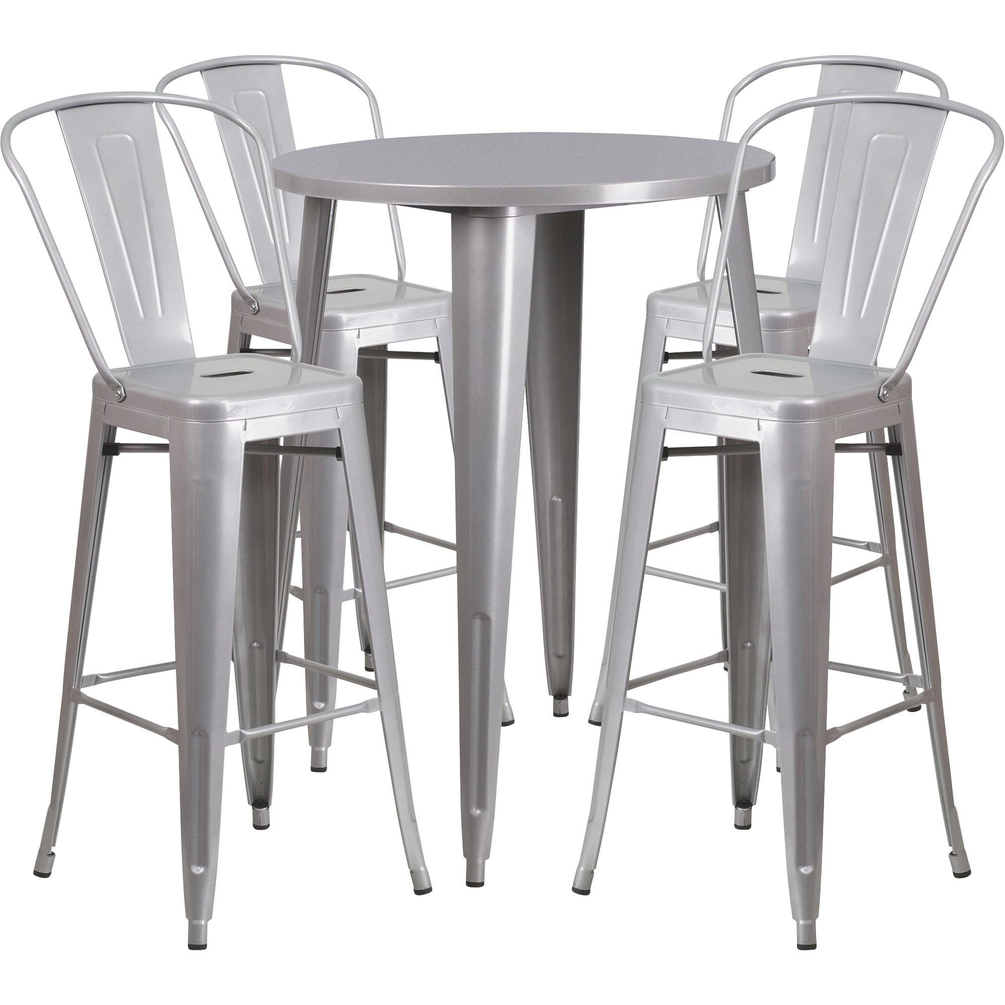 Flash Furniture Callum Commercial Grade 30 Round Silver Metal Indoor-Outdoor Bar Table Set with 4 Cafe Stools
