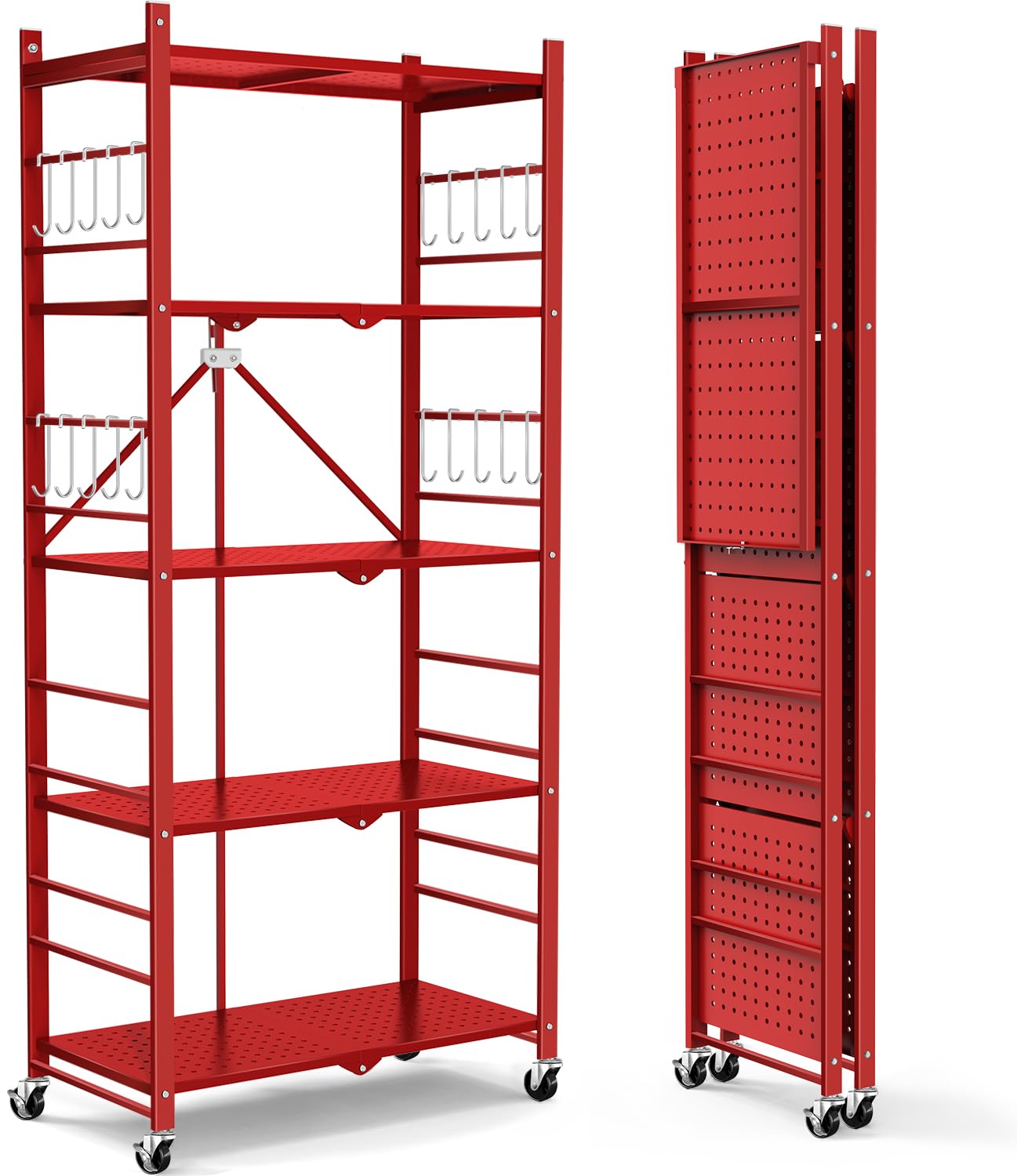 Storage Shelves with 20 Hooks, 5-Tier Foldable Shelves for Storage, Folding Utility Shelf Unit Pantry Shelves with Wheels, Metal