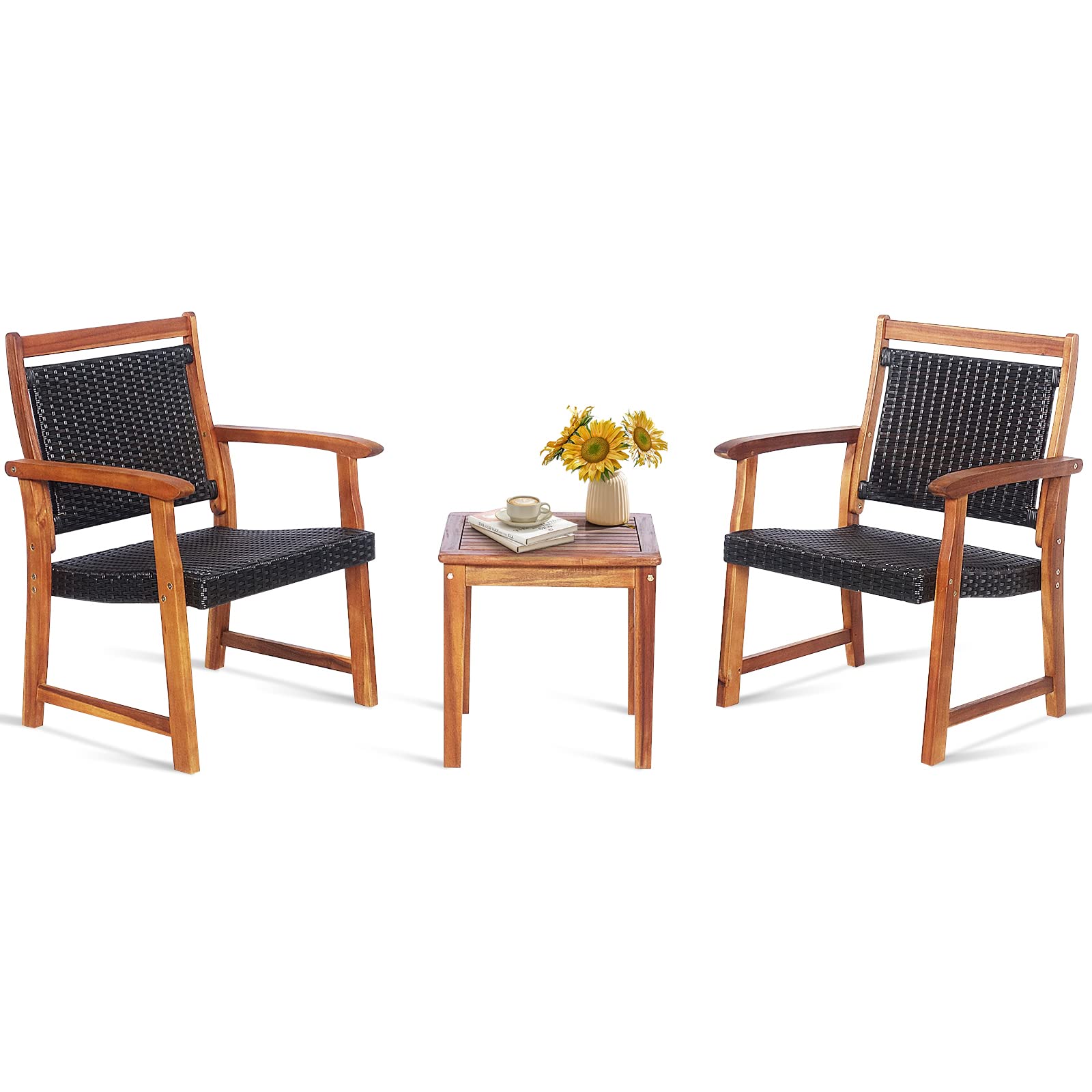 Tangkula 3-Piece Patio Acacia Wood Bistro Set, Patiojoy Outdoor Furniture Set with 2 Chairs & 1 Side Table, Weather Resistant Ra