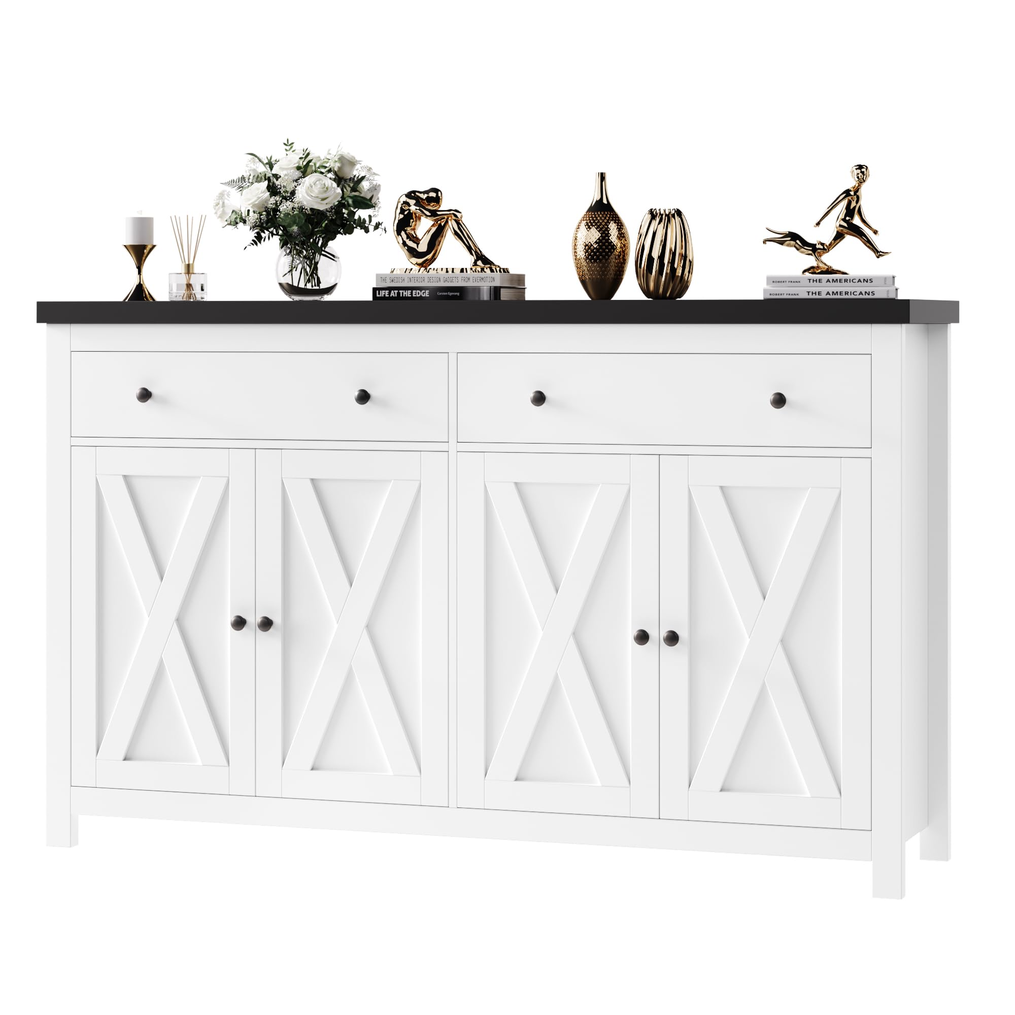 FOTOSOK Sideboard Buffet Cabinet with Storage, 55 Large Kitchen Storage Cabinet with 2 Drawers and 4 Doors, Wood Coffee Bar Cabi