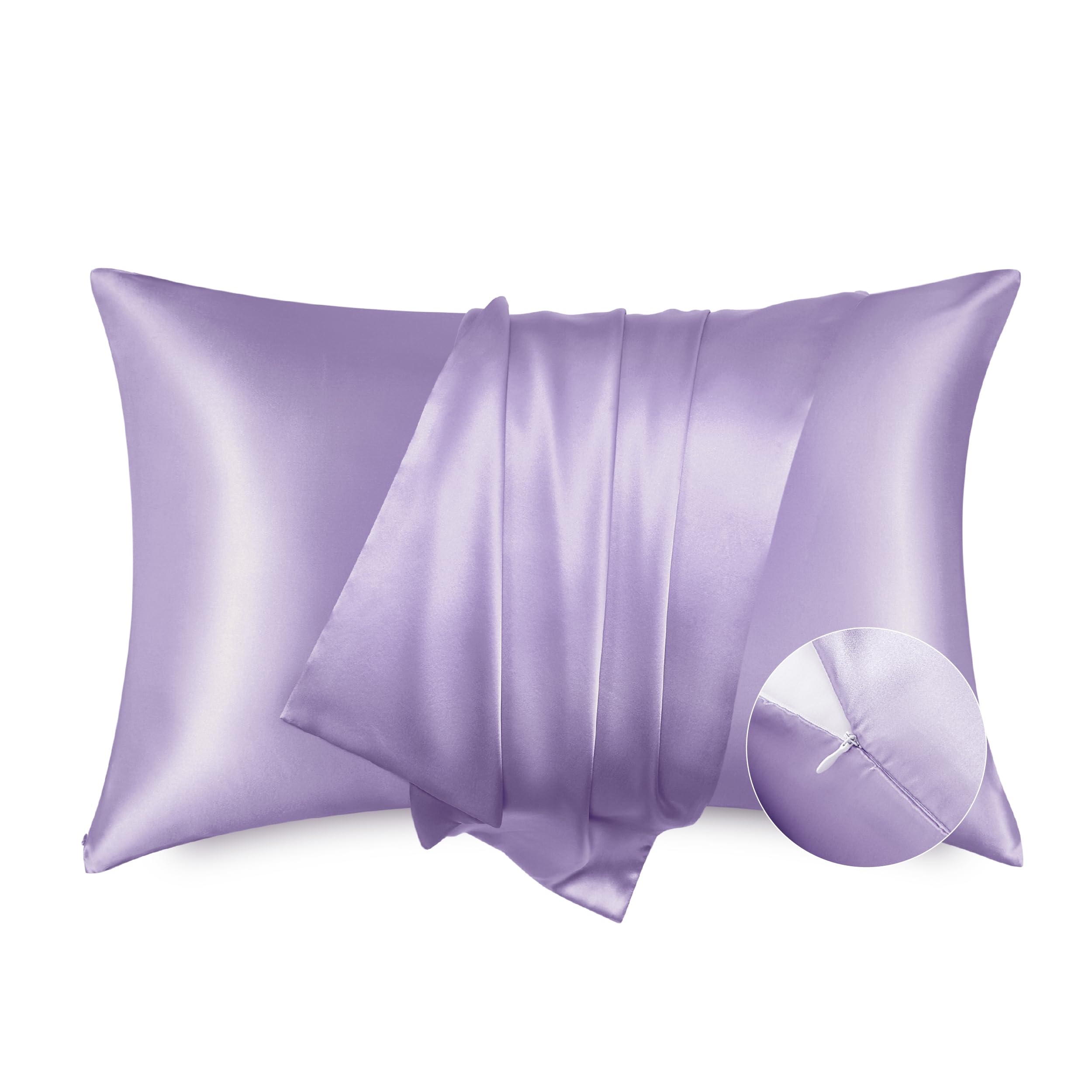 Bedsure Satin Pillowcase for Hair and Skin - Lavender Zipper Pillow Cases Queen Size Set of 2, Similar to Silk Pillow Cases, Sil