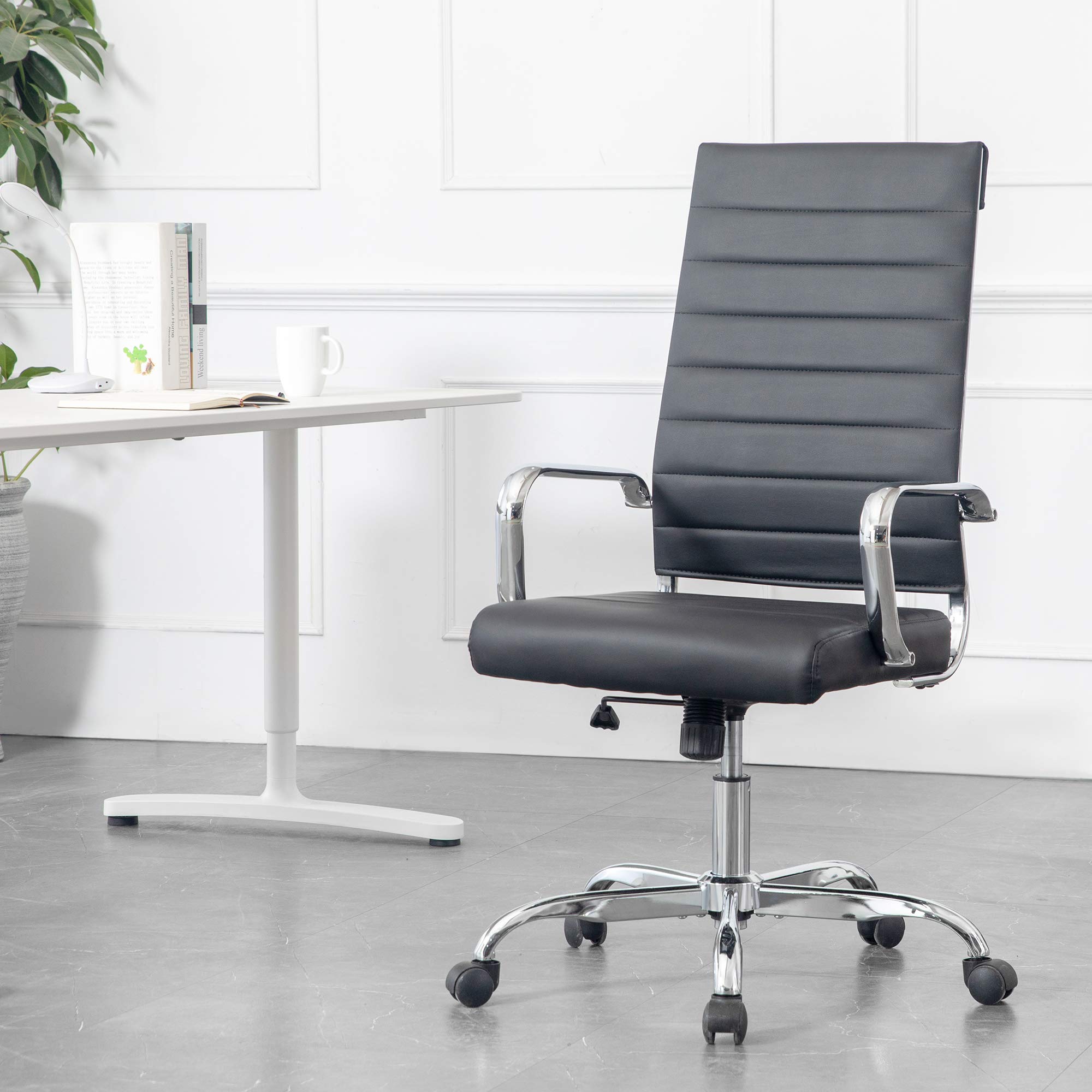 LANDSUN Home Office Chair Ribbed Leather High Back Executive Swivel Computer Desk Chairs with Wheels and Armrests Soft Padded Ad