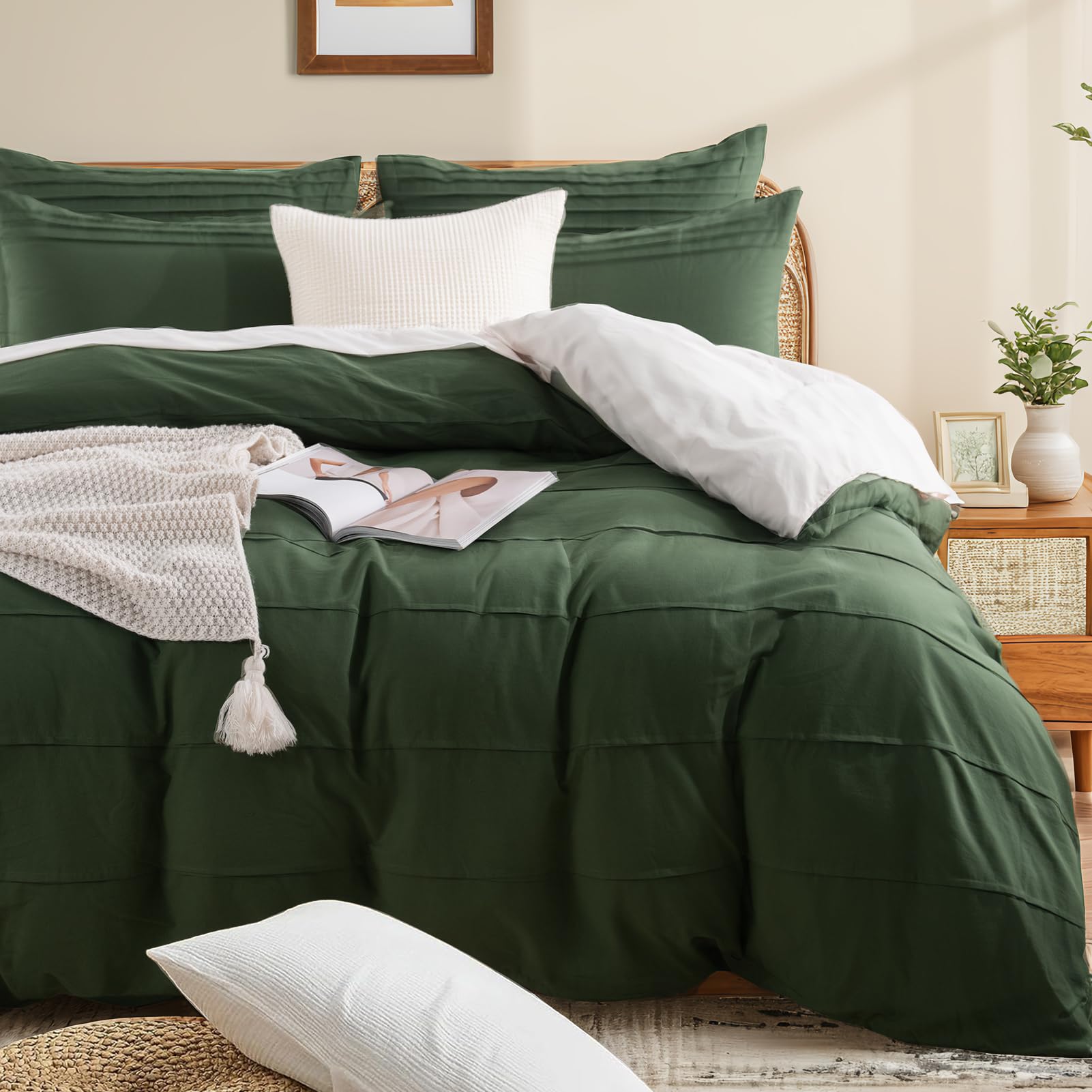 NEXHOME PRO 100% Organic Cotton Duvet Cover Oversized King Size, Linen Like Pleated Textured Forest Green Duvet Cover Set, 3pc B