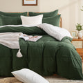 NEXHOME PRO 100% Organic Cotton Duvet Cover Oversized Queen Size, Linen Like Pleated Textured Forest Green Duvet Cover Set, 3pc 
