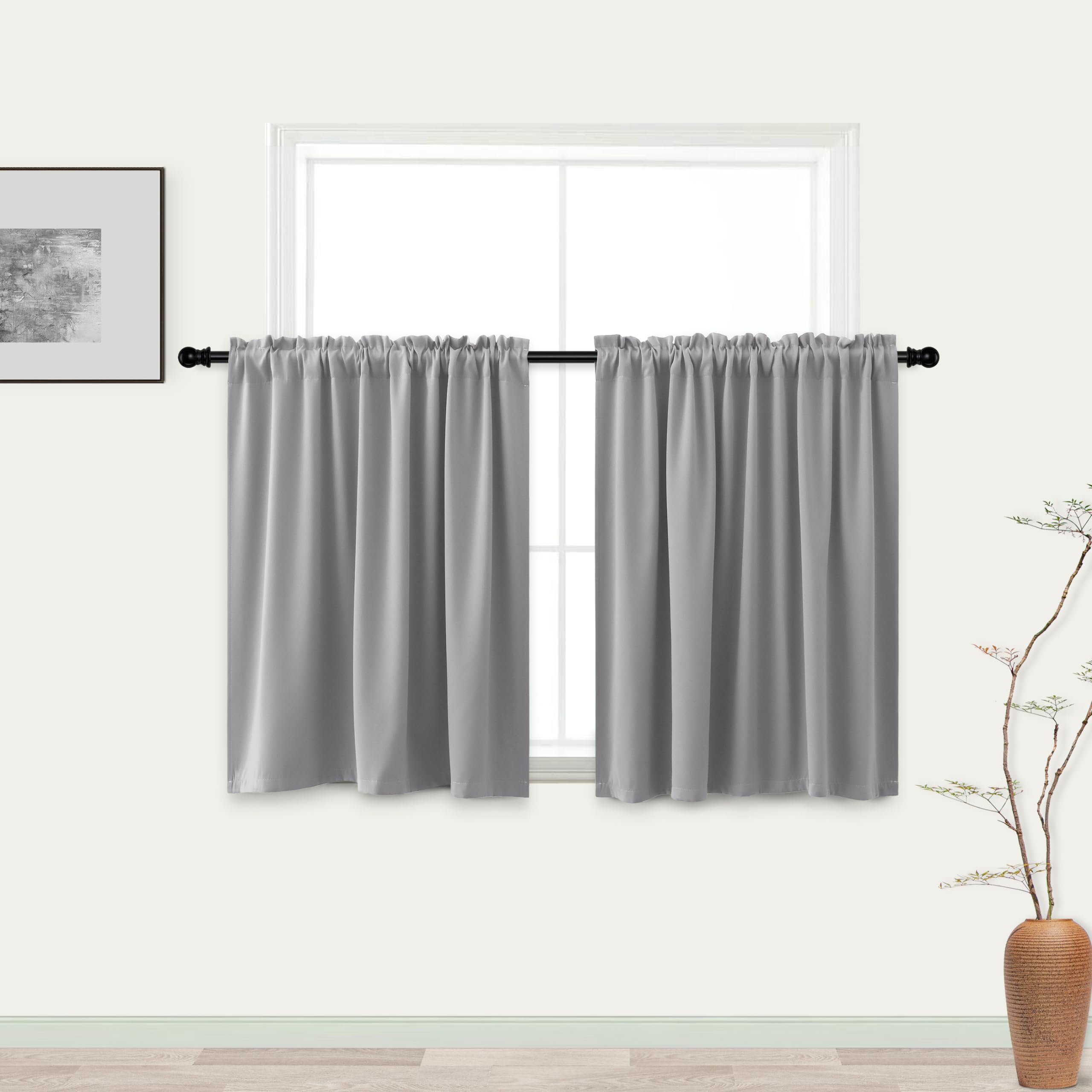 KOUFALL 36 Inch Curtains for Basement Windows 2 Packs Blackout Light Blocking Small Half Medium Gray Short Curtains for Bedroom 