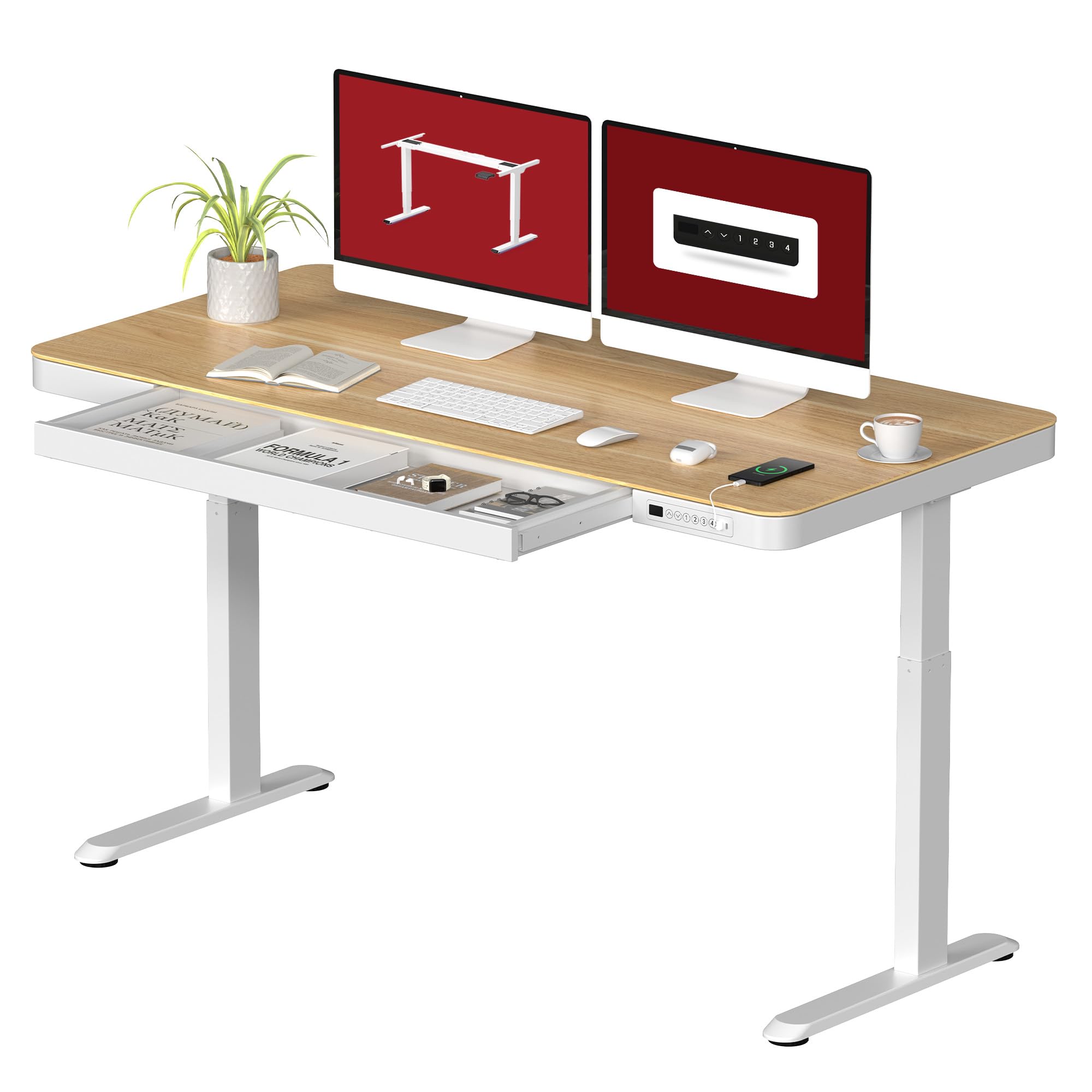Standing Desk with Drawer, Electric Height Adjustable Home Office Desk with Storage & USB Ports, 55 inch Maple Wood Tabletop/Whi
