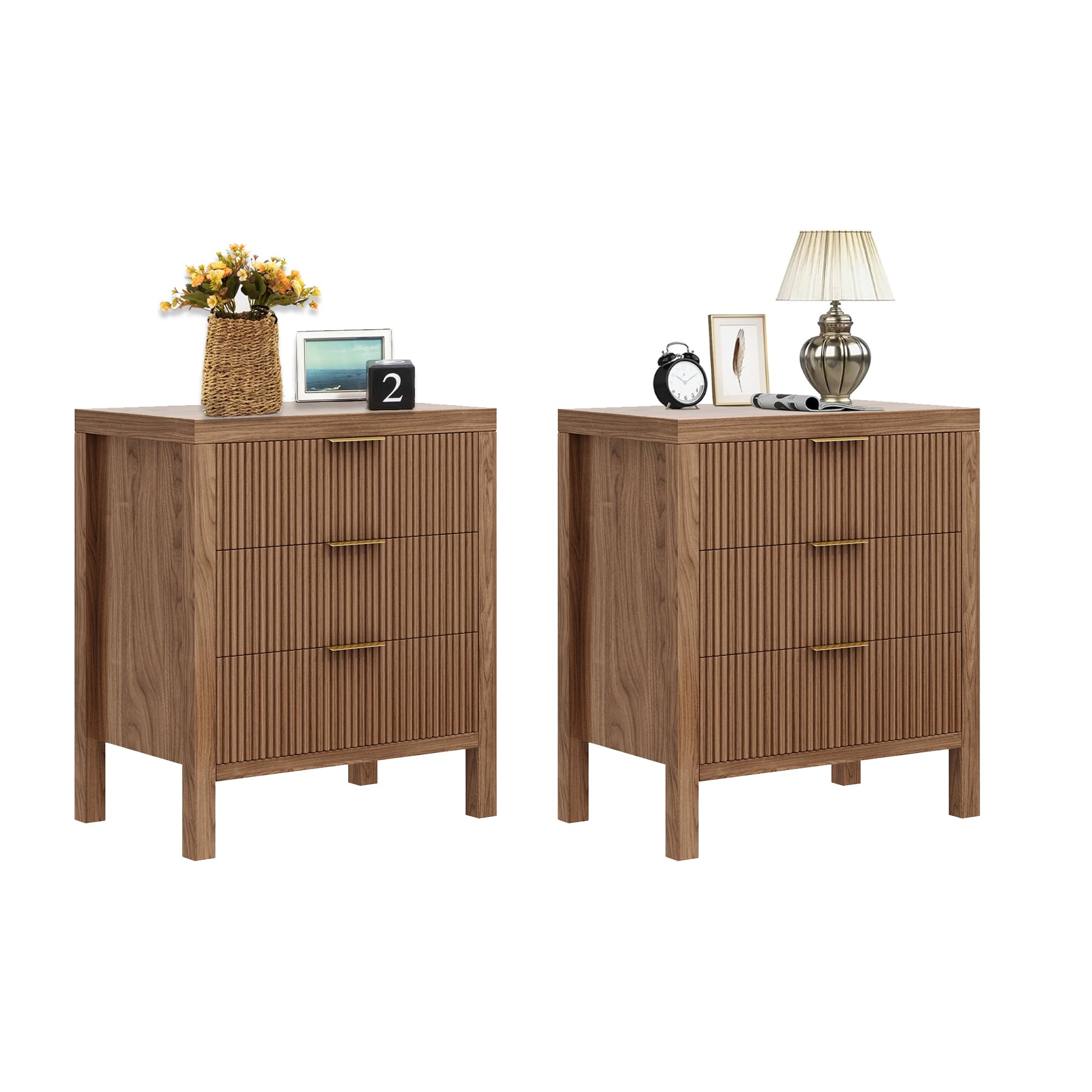 MJADUE Fluted Nightstands Set of 2, Wooden Farmhouse Night Stands with 6 Drawer Bedside Table - Boho Tall End Table Accent Table