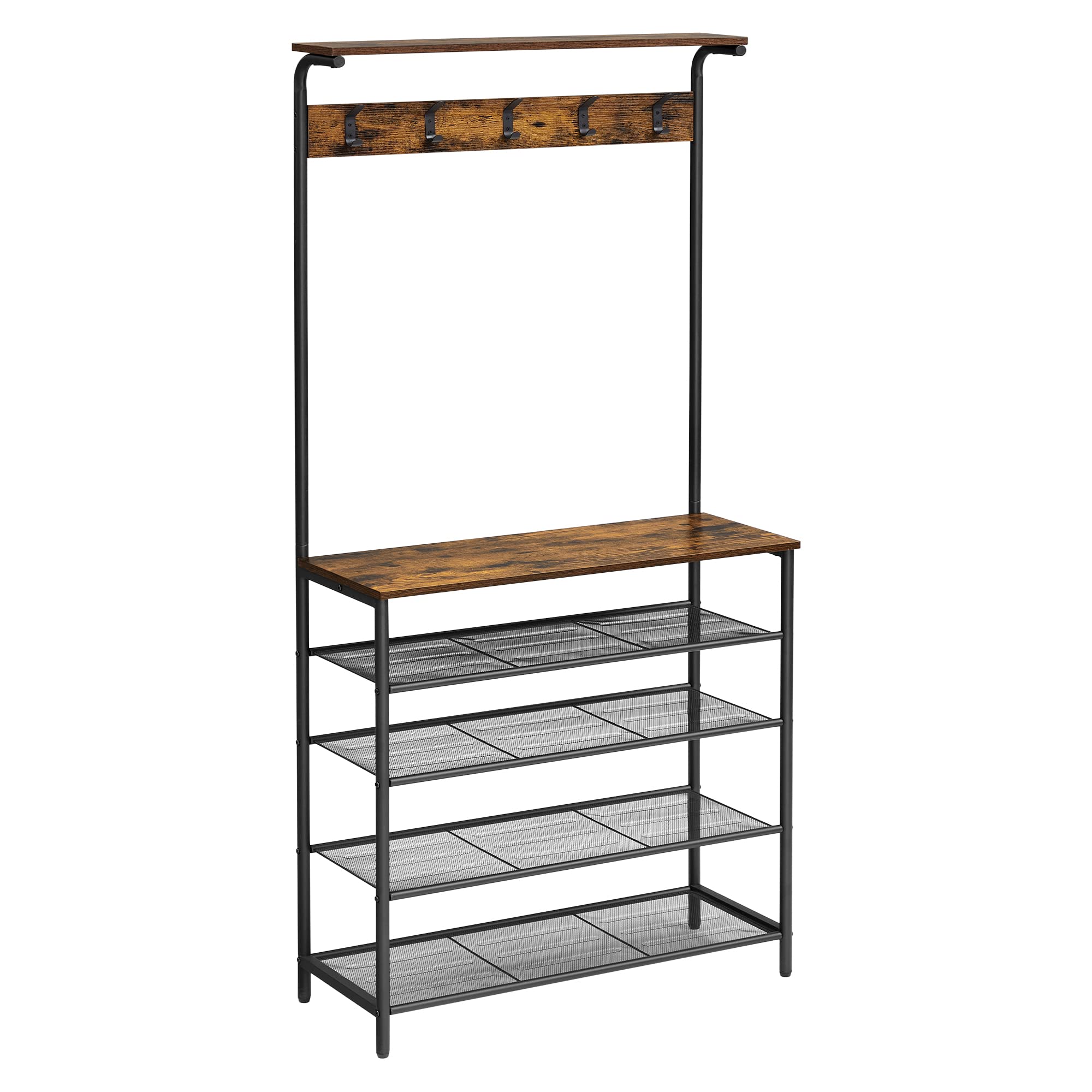 VASAGLE Hall Tree with Shoe Bench, Coat Rack Shoe Bench, 5-Tier Shoe Rack Different Heights, 5 Dual Hooks, Top Shelf, Entryway O