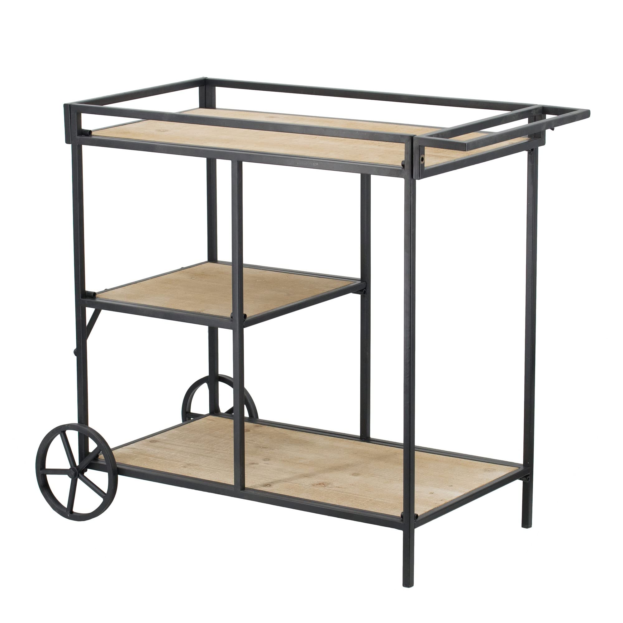 Benjara 32 Inch Bar Cart, 3 Tiers, Fir Wood Shelves, Iron Frame, Brown and Black