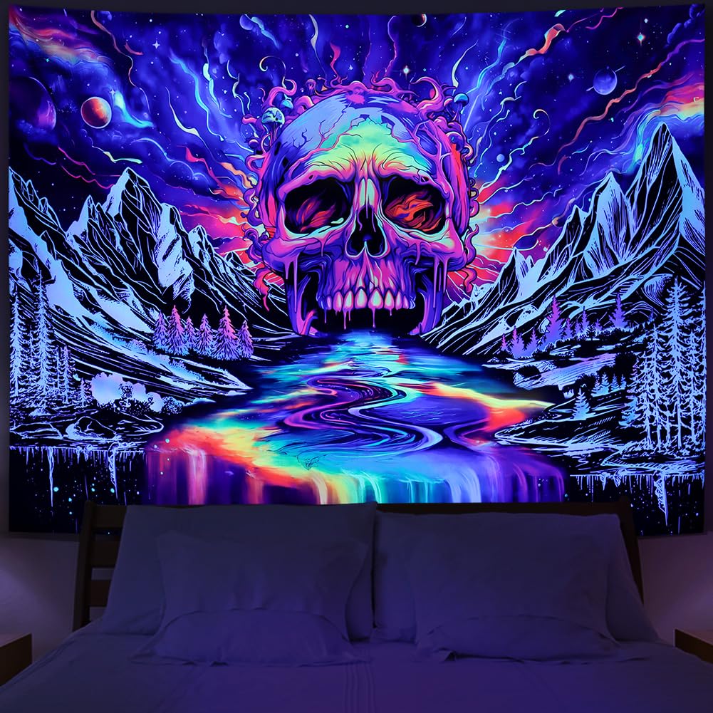 Blacklight Skull Tapestry Trippy Mountain Tapestry UV Reactive Galaxy Planet Tapestry Magic Neon River Wall Hanging Aesthetic Sk