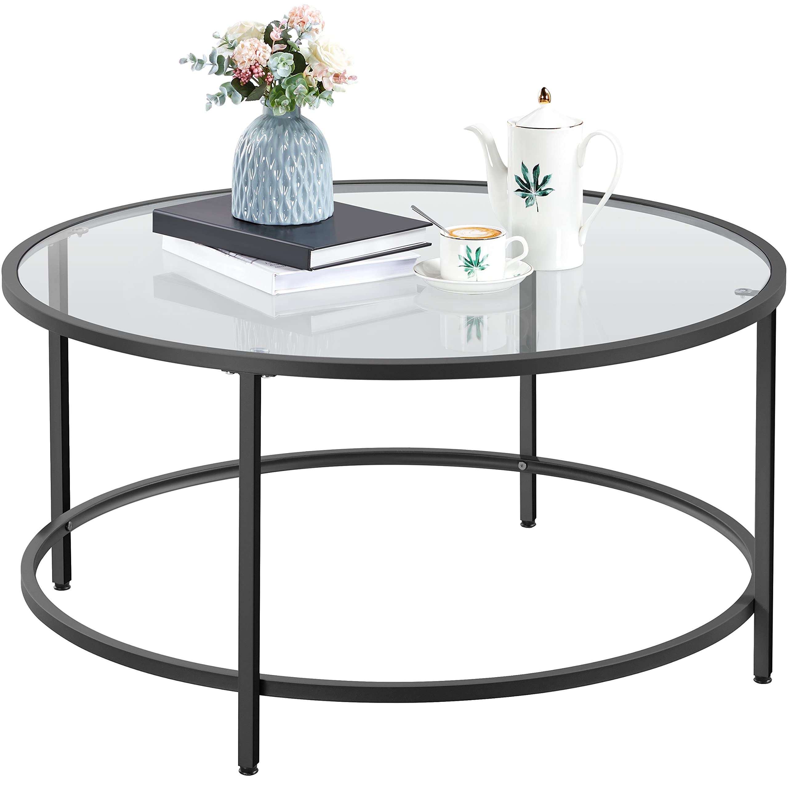 Yaheetech 36 Round Glass Coffee Table, Black Circle Coffee Table Center Table with Glass Top, Small Coffee Table for Living Room