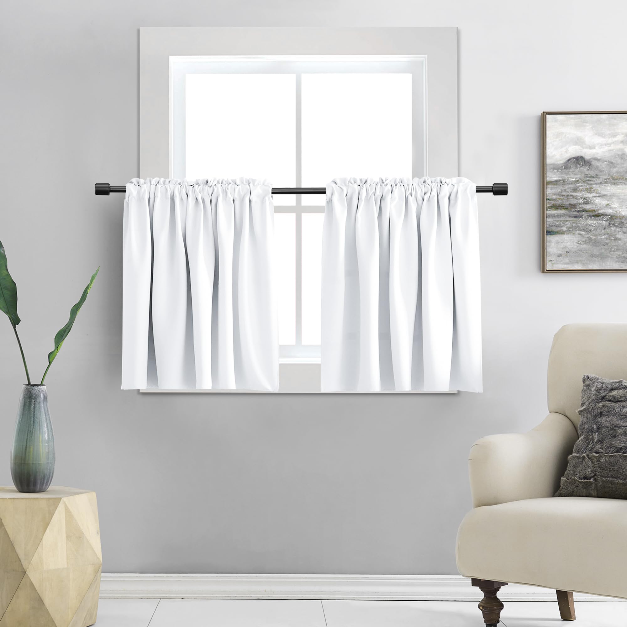 DONREN Pure White (Only Block 50% Lights) Small Window Curtain Panels Room Darkening Curtain Tiers for Nursery with Rod Pocket (