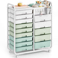 SYKIARIOL 14 Drawer Rolling Cart with Tabletop & DIY Pegboard, Storage Cart with Wheels, Classroom Organizers Utility Cart for O