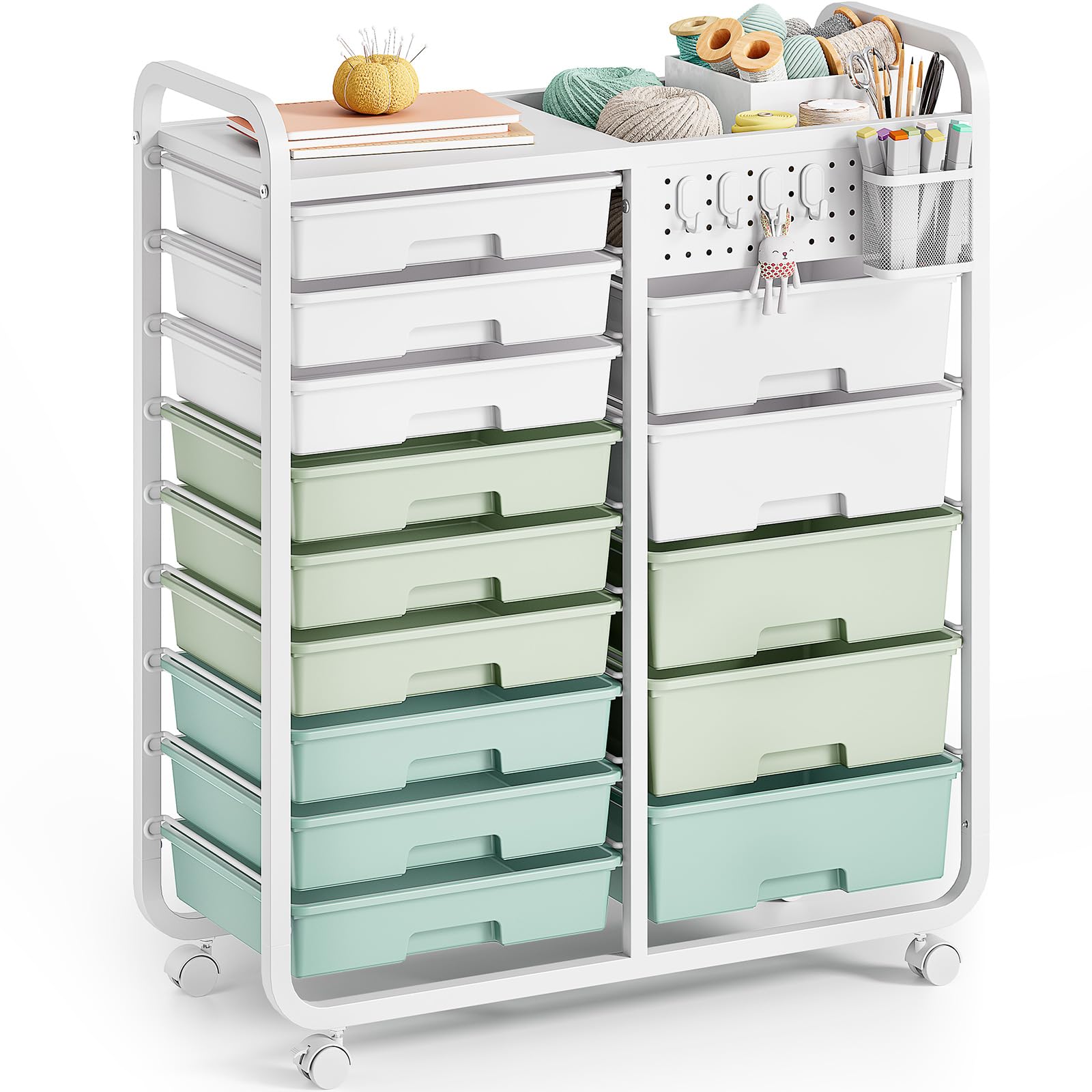 SYKIARIOL 14 Drawer Rolling Cart with Tabletop & DIY Pegboard, Storage Cart with Wheels, Classroom Organizers Utility Cart for O