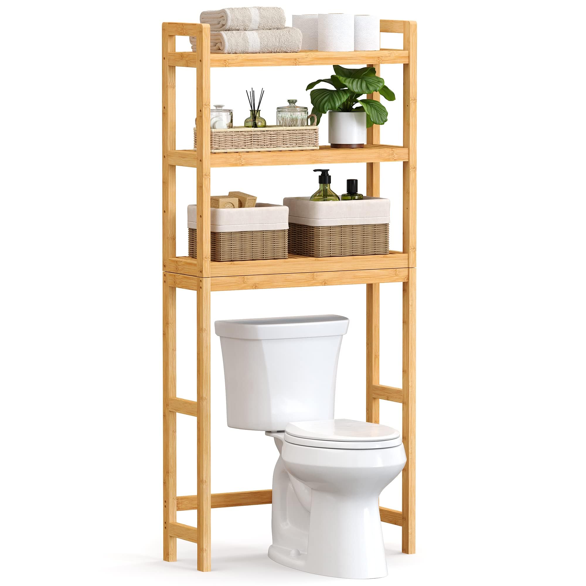 SONGMICS Over The Toilet Storage, 3-Tier Bamboo Over Toilet Bathroom Organizer with Adjustable Shelf, Fit Most Toilets, Space-Sa