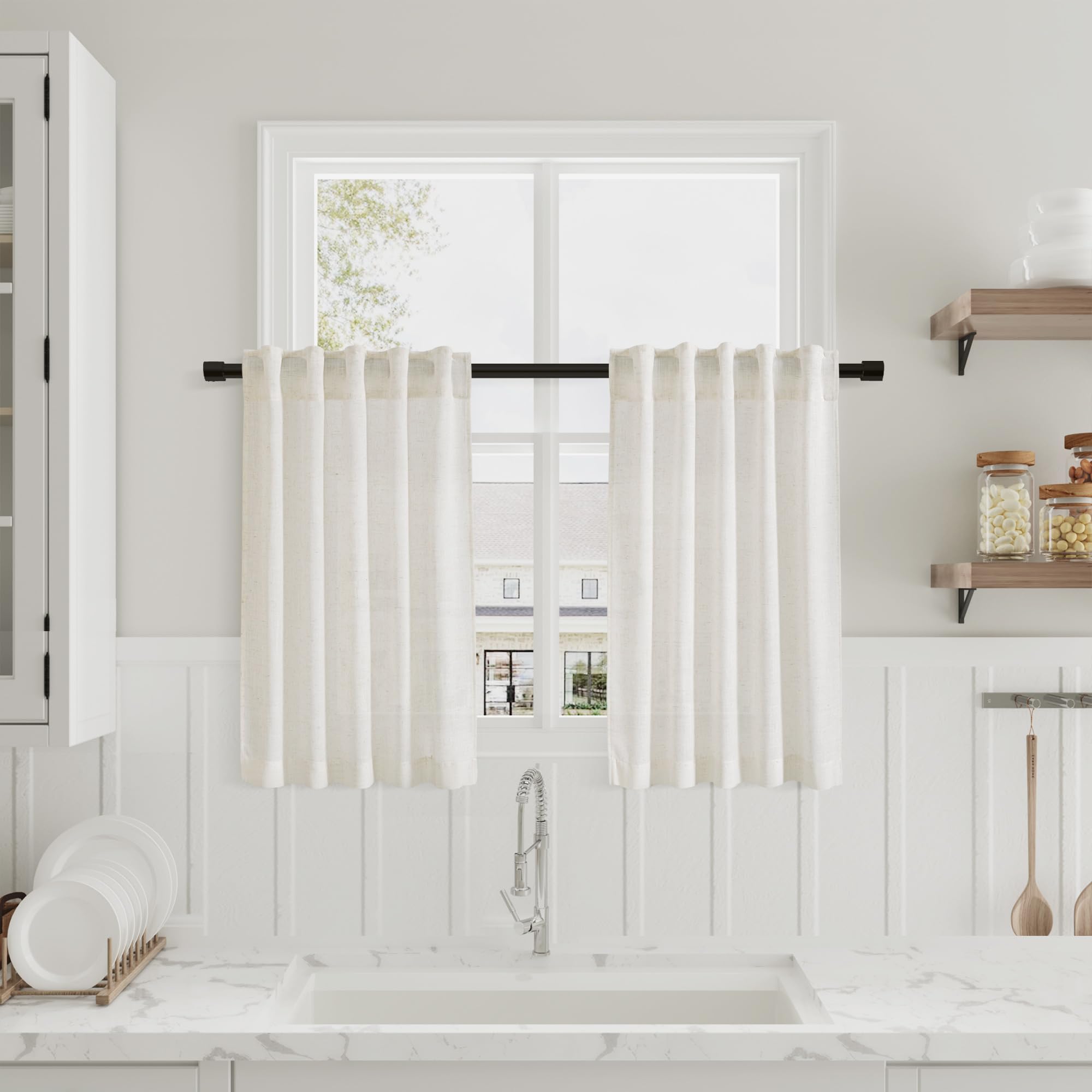 Boho Farmhouse Kitchen Window Curtains Over Sink 2 Panels Back Tab Pinch Pleated Linen Cafe Curtains 24 Inch Length Light Filter