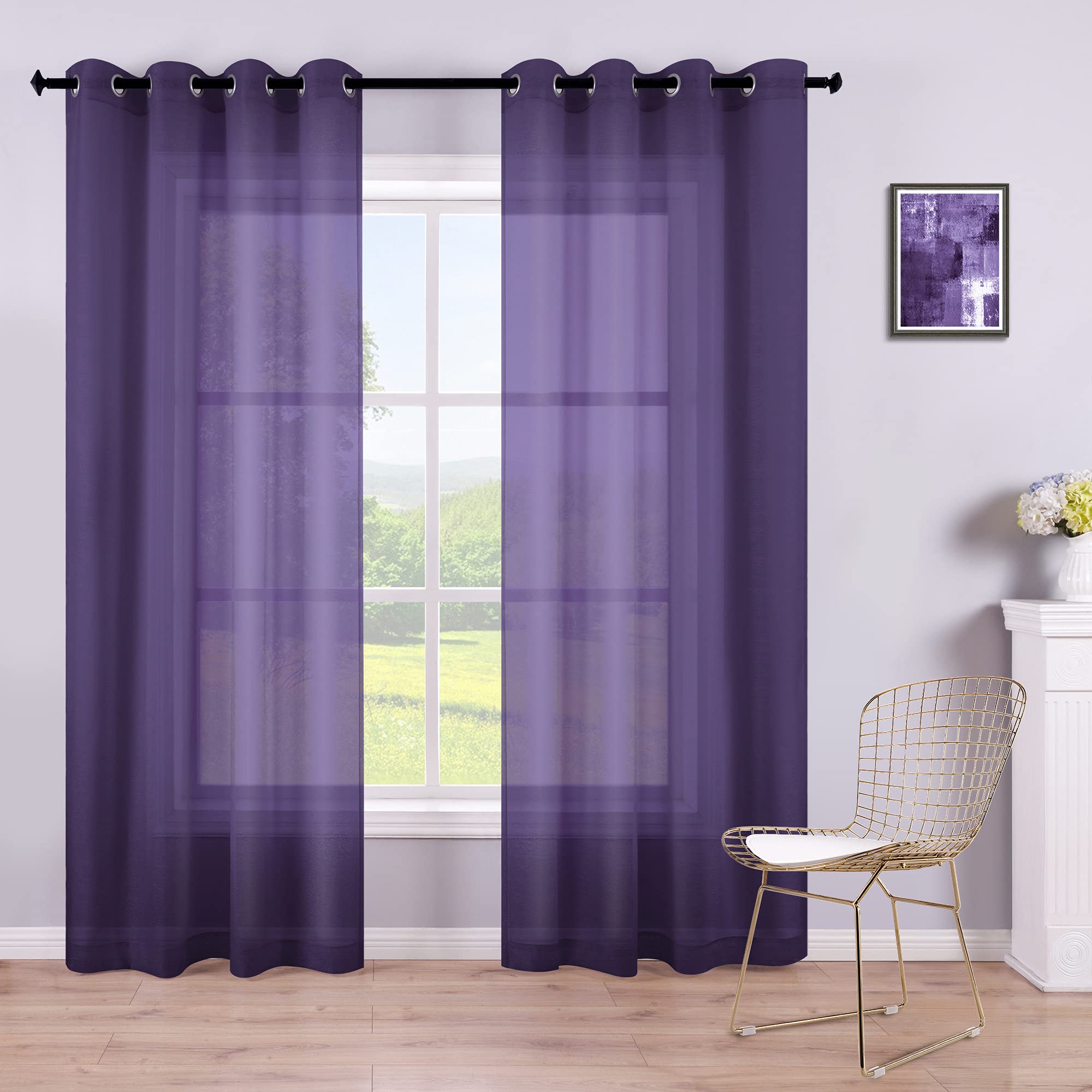 KOUFALL Purple curtains 96 Inches Long for Living Room Set of 2 Panels grommet Window Semi Voile Drapes Dark Purple Sheer curtai