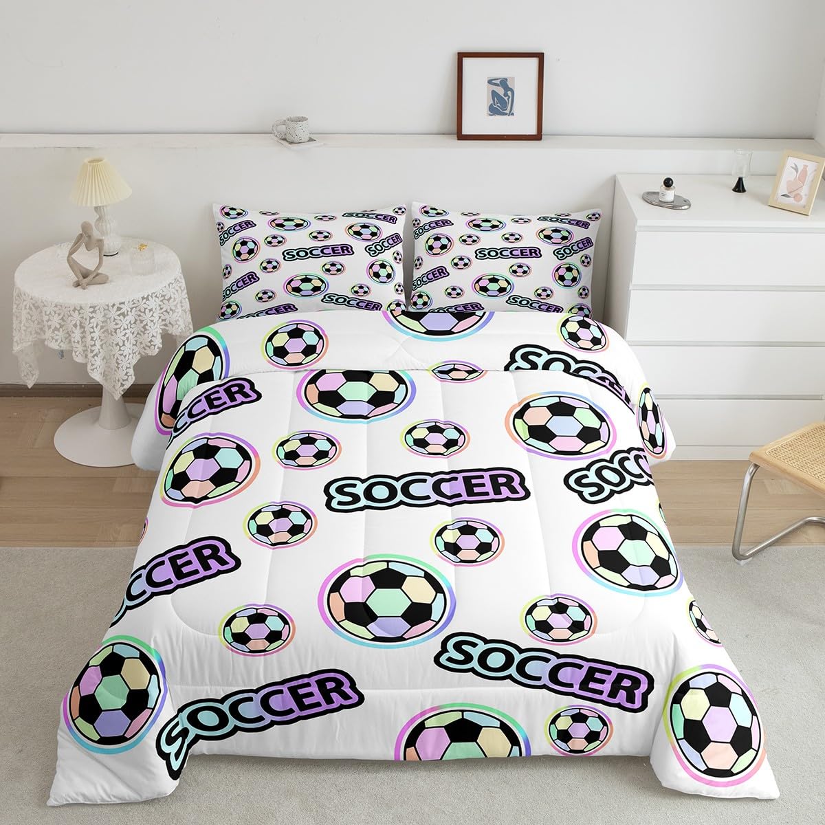 Feelyou Colorful Soccer Ball Coverlet Set for Kids Boys Girls Sports Theme Comforter Full Size Cartoon Style Comforter Set Bedro