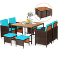 RELAX4LIFE 9-Piece Outdoor Dining Set - Patio Wicker Furniture Set w/Acacia Wood Tabletop, Soft Seat & Back Cushions, Dining Tab