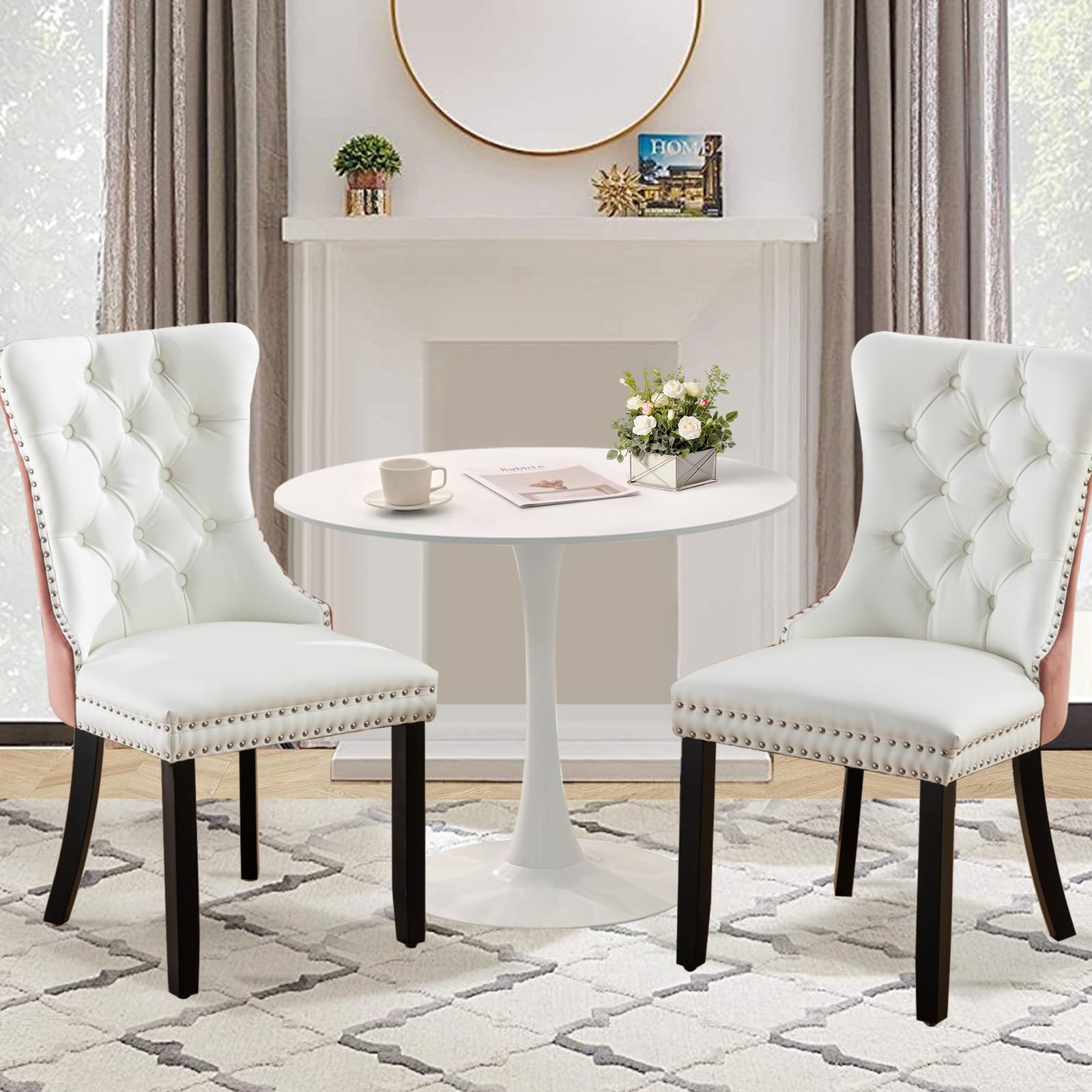 SoarTalent 3-Pieces 31.5 Round Dining Table Set for 2, White Dining Table & PU & Velvet Upholstered Dining Chairs Set of 2 for K