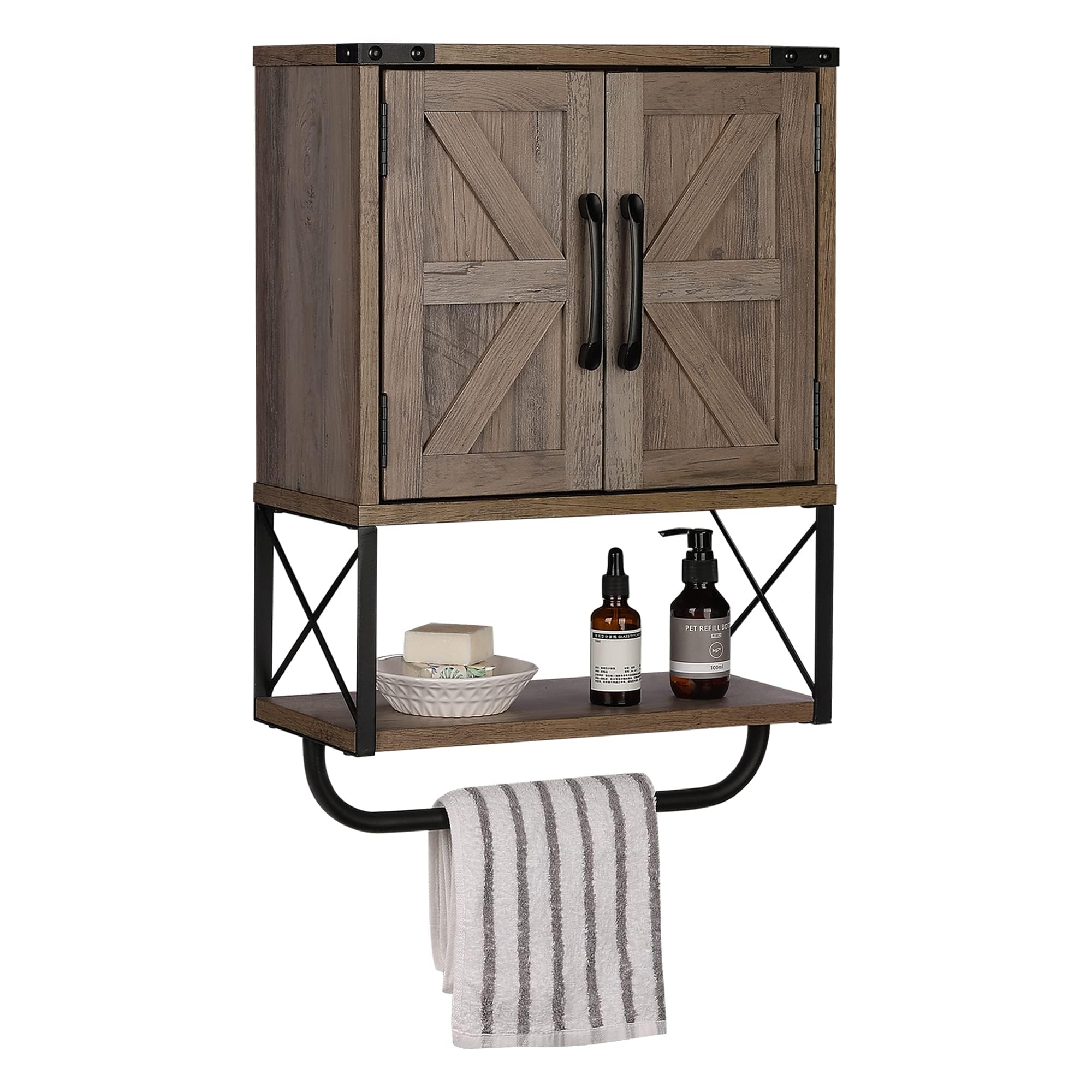 RUSTOWN Farmhouse Rustic Medicine Cabinet with Two Barn Door,Wood Wall Mounted Storage Cabinet with Adjustable Shelf and Towel B