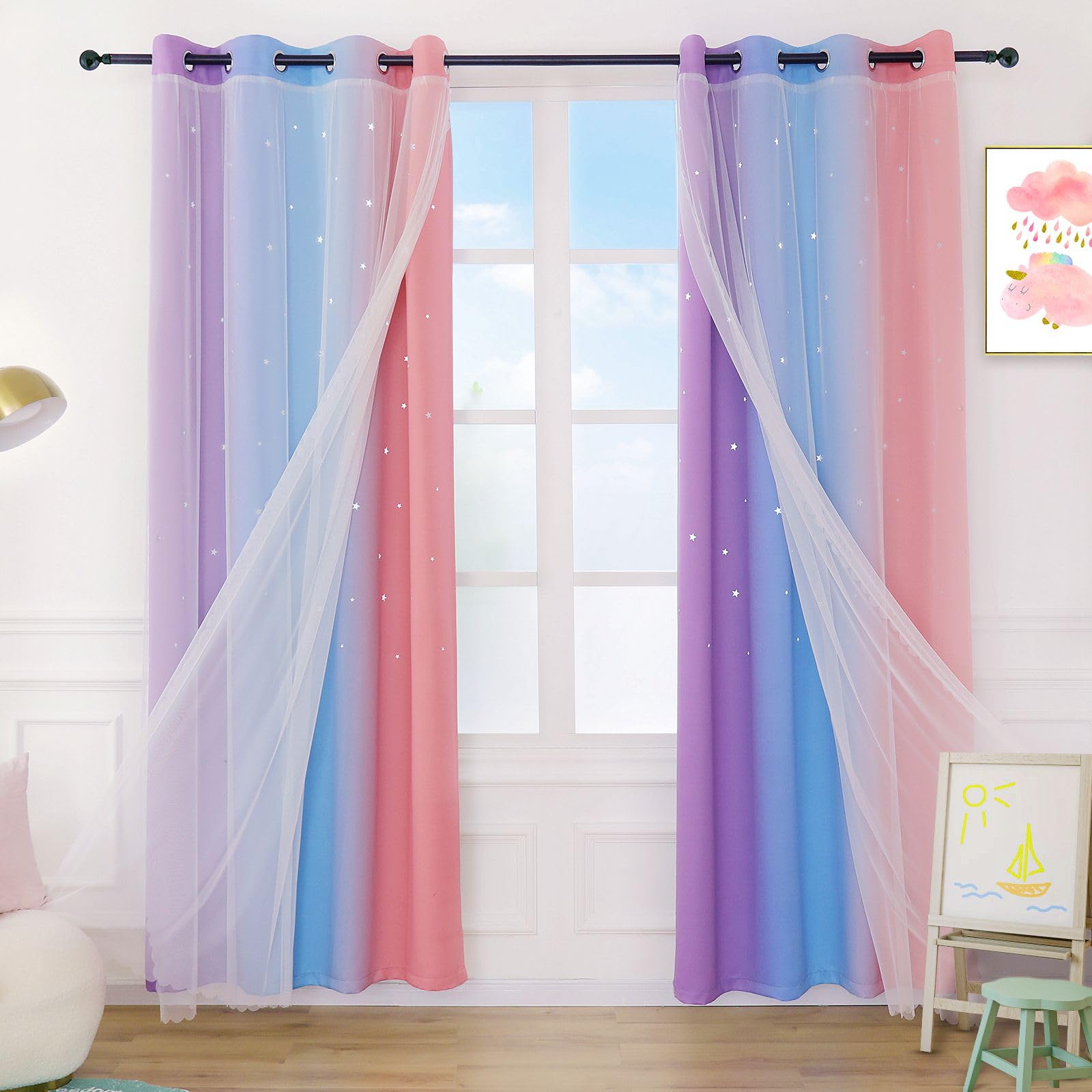 Anjee Curtains for Girls 2 in 1 Double Layer Cutout Star Light Blocking Ombre Grommets Top Drape with Lace Sheer Voile Gauze for