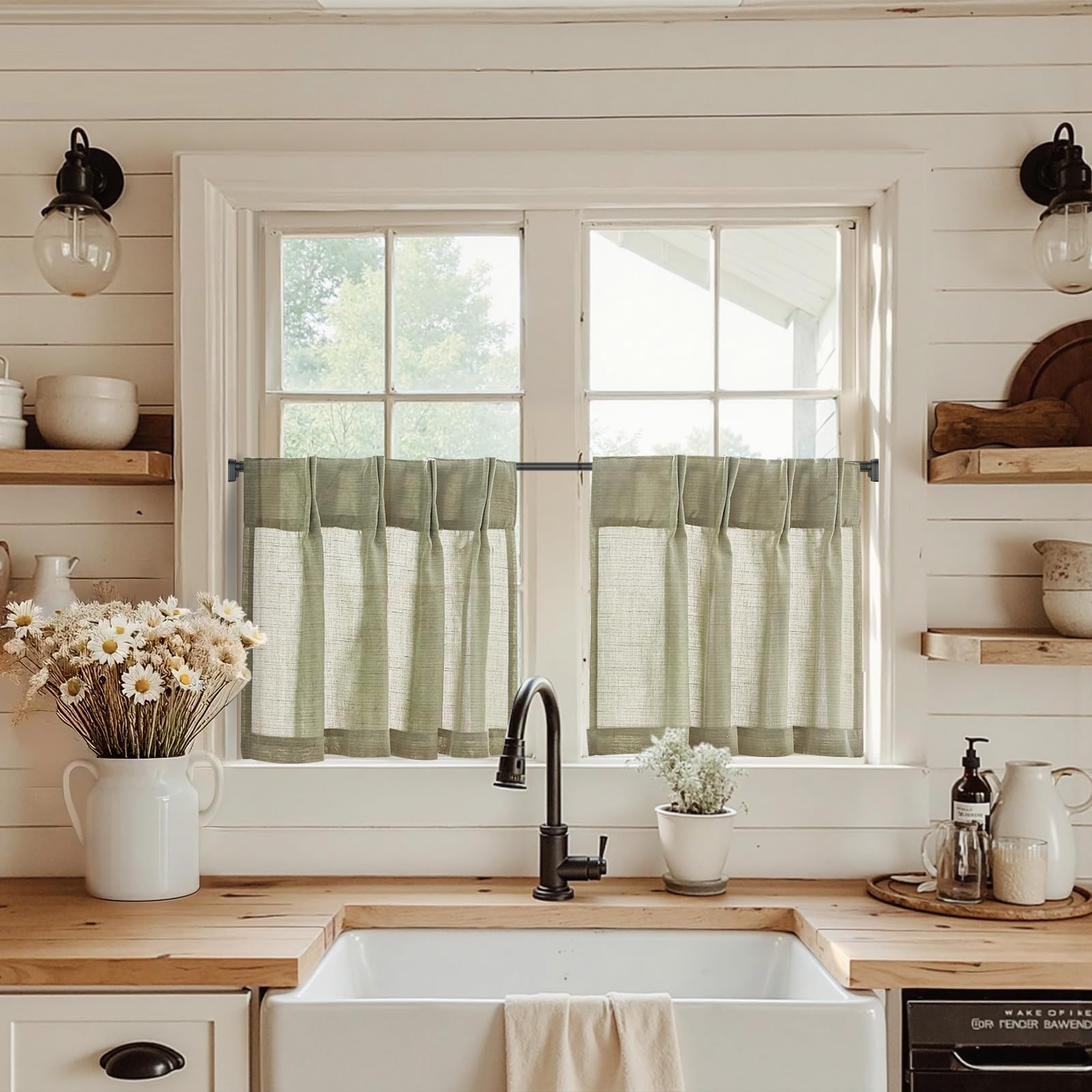 jinchan Linen Pinch Pleated Kitchen Curtains 24 Inch 2 Panels, Natural Linen Tier Curtains Back Tab Farmhouse Cafe, Light Filter