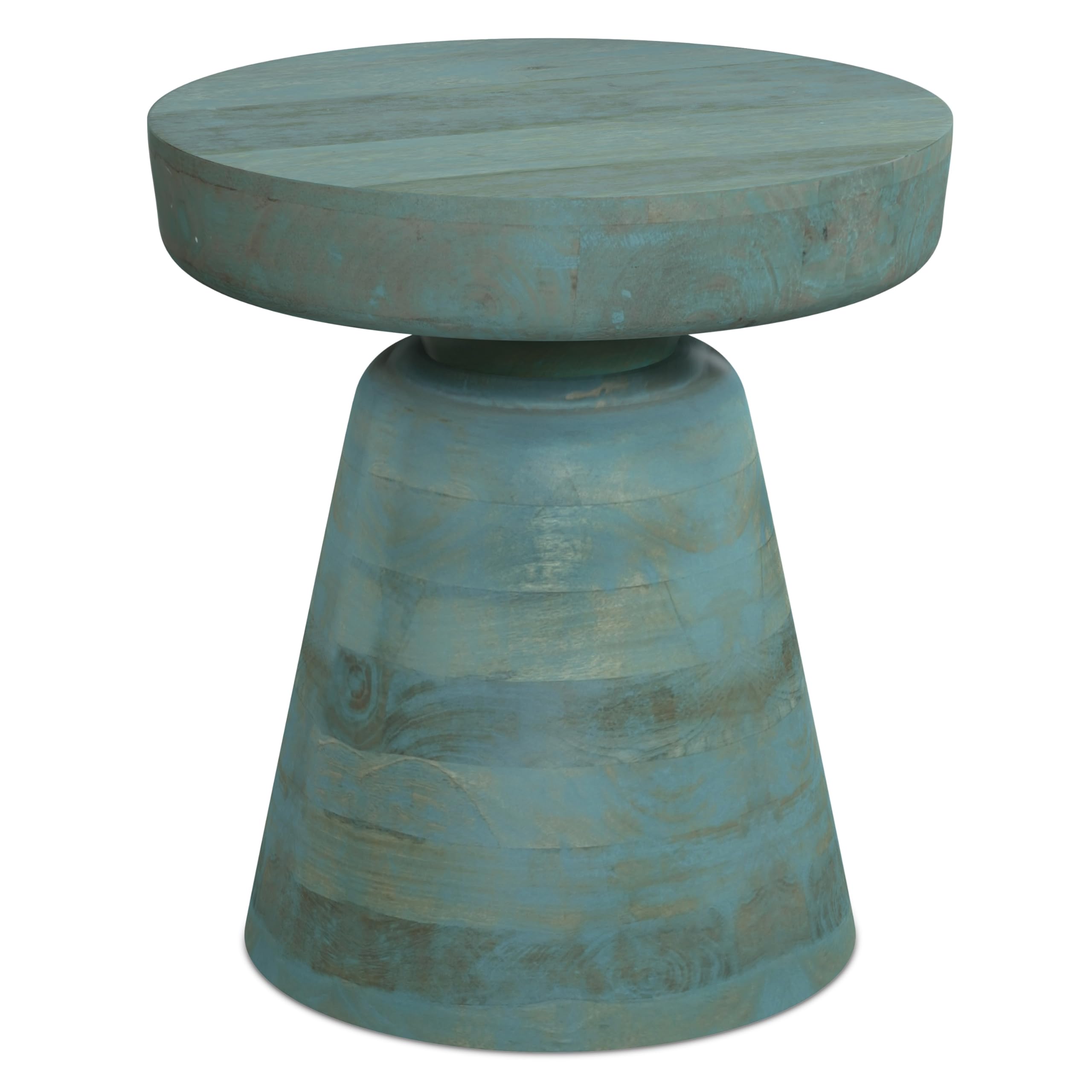 SIMPLIHOME Robbie Solid Mango Wood 16 inch Wide Round Boho Contemporary Rustic Accent Table in Teal Wash, Fully Assembled for Th