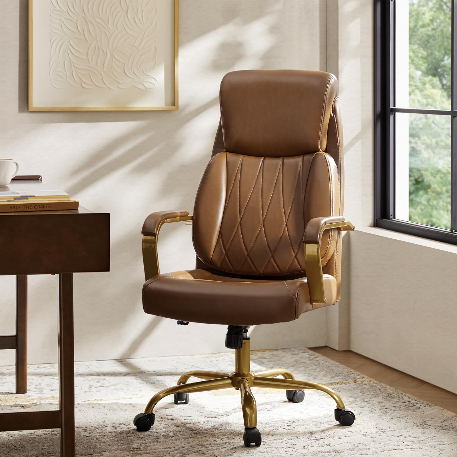 HULALA Home Executive Office Chair, Adjustable Airbag Lumbar Support, Modern Leather Ergonomic Office Chair with Padded Armrests