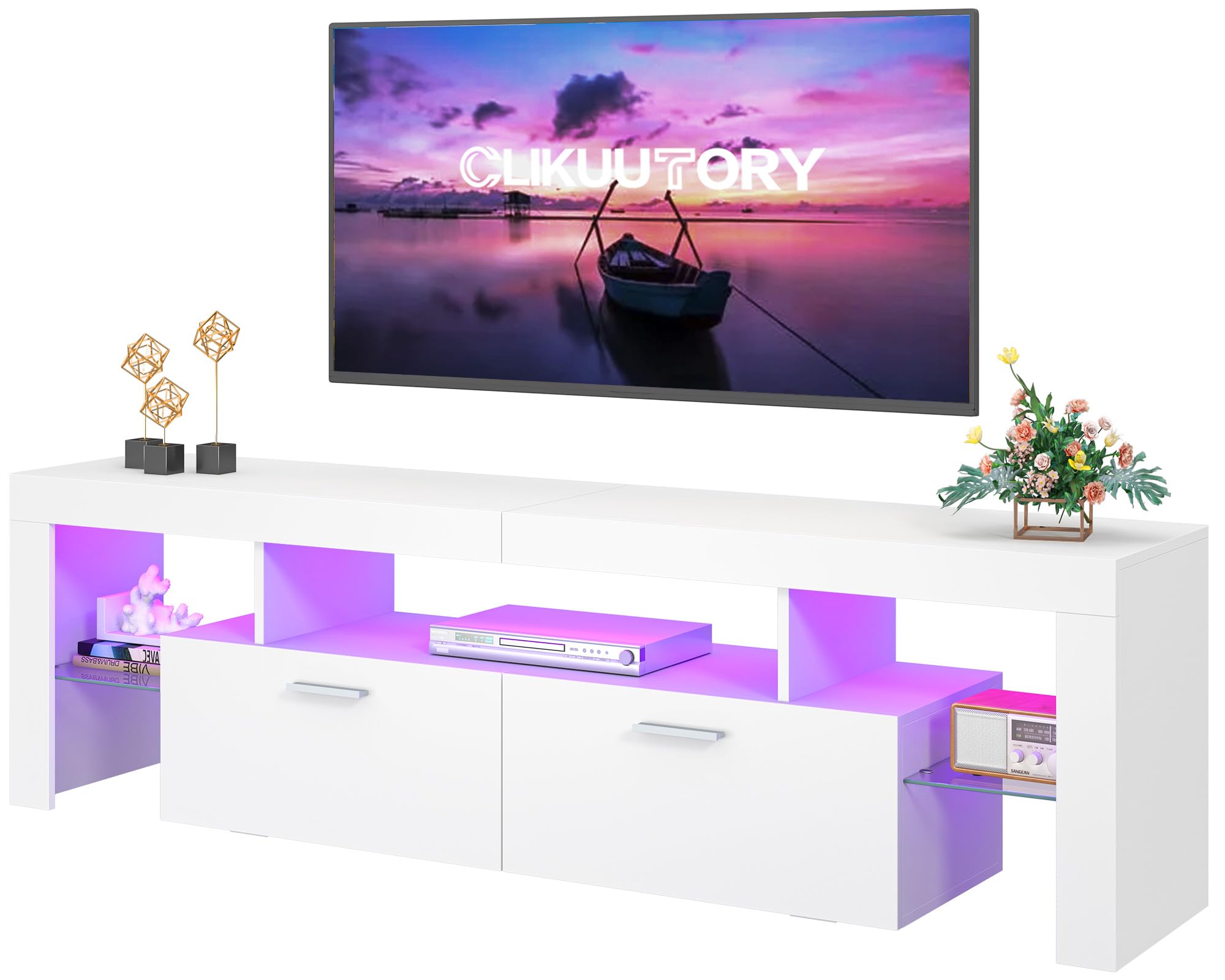 Clikuutory Modern Lighting 63 inch TV Stand with Large Storage Drawer for 50 55 60 65 70 75 Inch TVs, TV Console with 20 Color L