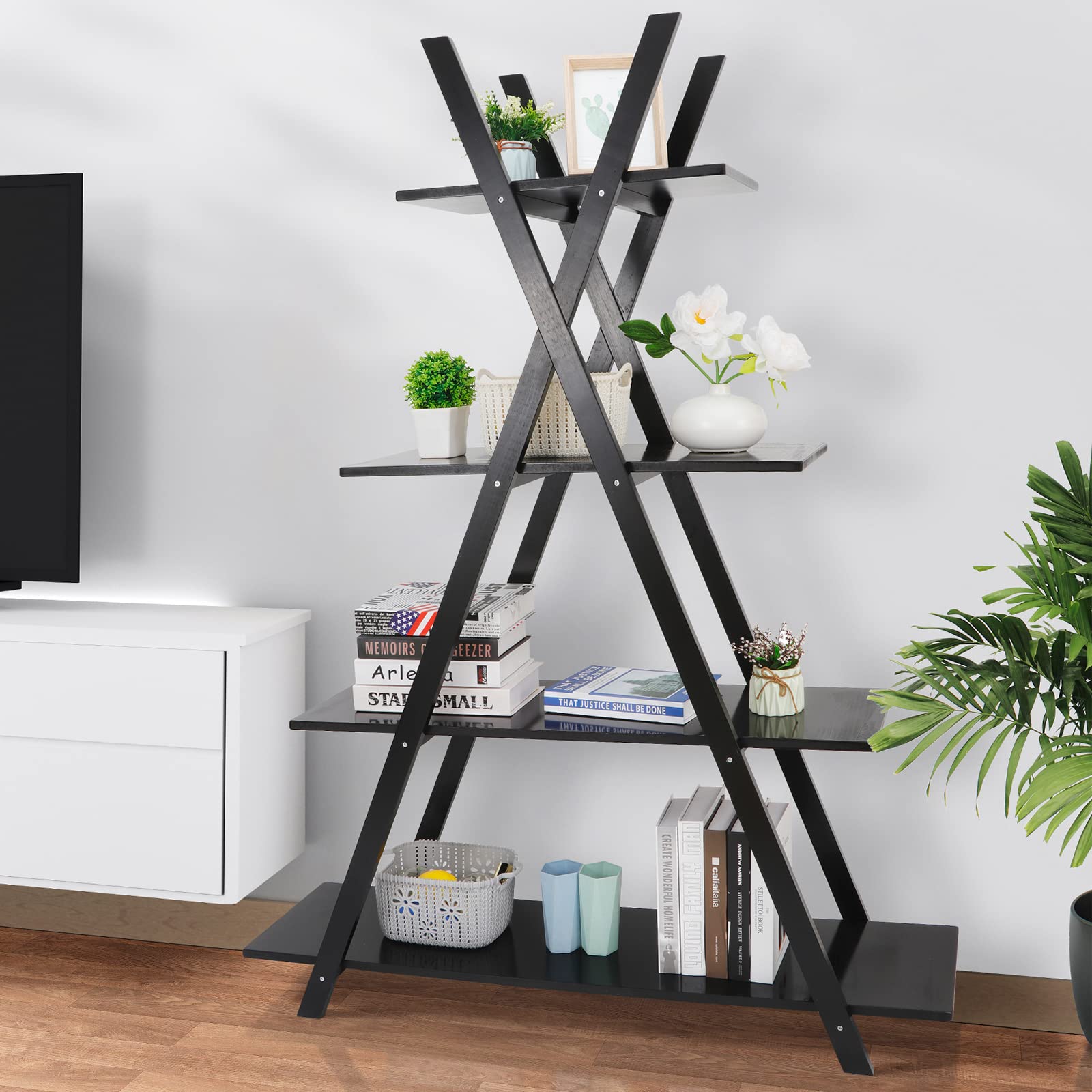 Nouva 4 Tier Ladder Bookshelf Storage Shelves, A Frame Wooden Ladder Open Display Shelves Floor Shlef Storage Furniture for Home
