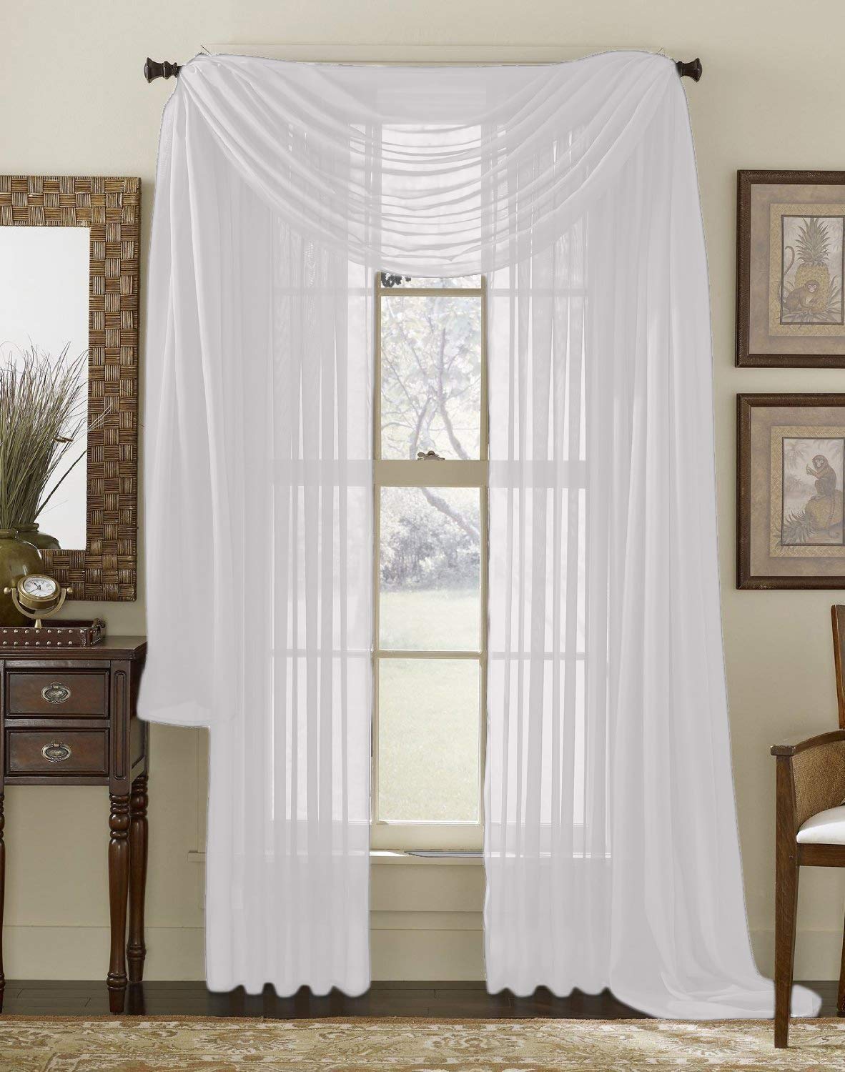 Interior Trends 3 Piece Fully Stitched Sheer Curtain Panel Window Drapes and Scarf Set of 2 Panels and 1 Matching Scarf (63 Long