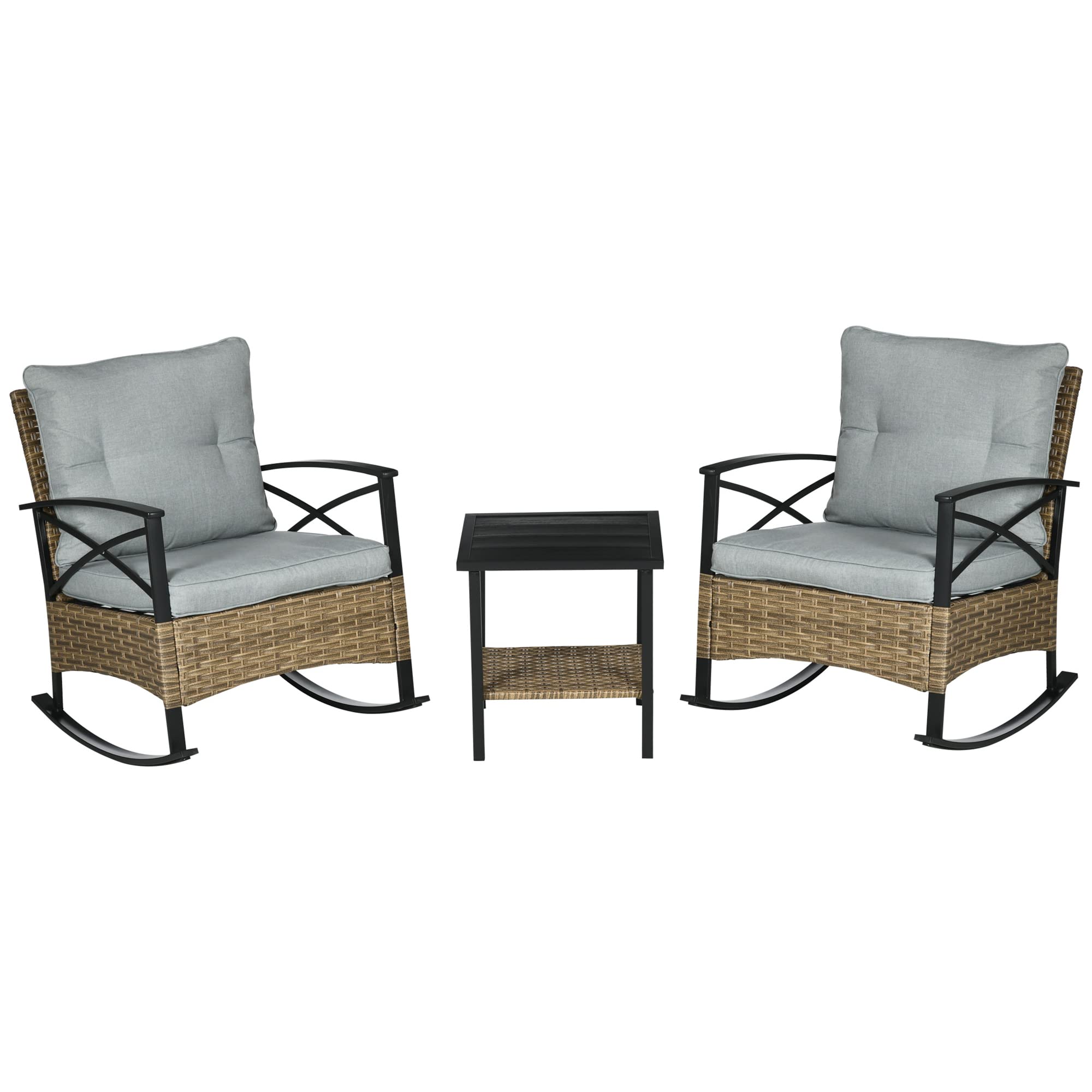 Outsunny 3 Piece Patio Rocking Chair Set, Outdoor Wicker Bistro Set with 2 Cushioned Porch Rockers and 2 Tier Coffee Table for G