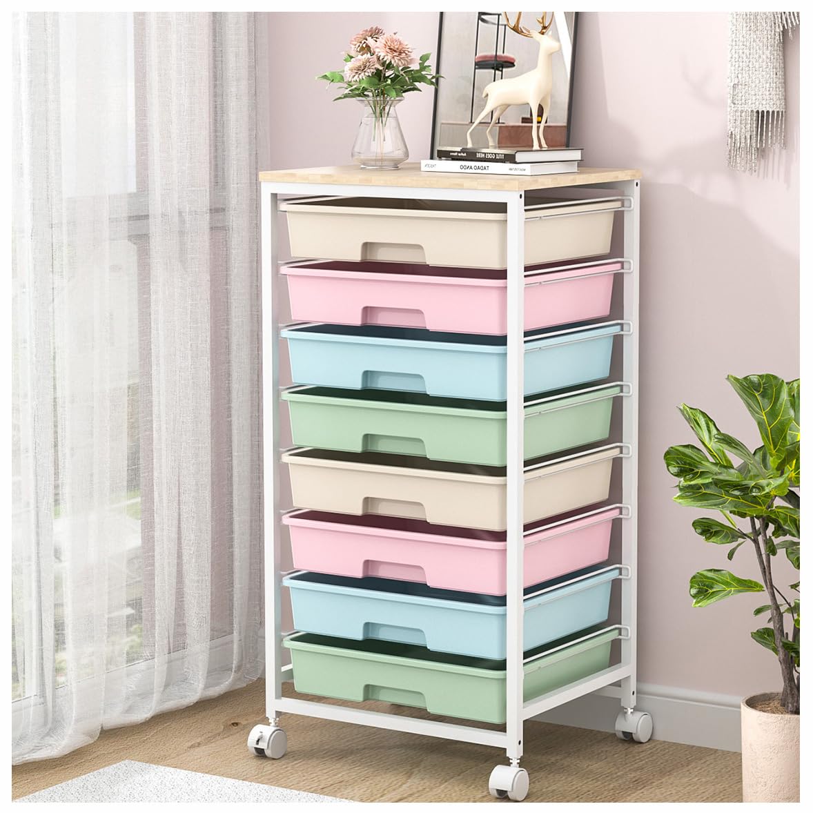 SYKIARIOL Rolling Storage Cart with Drawers,Utility Cart With 8 Drawers and Wooden Tabletop,Rolling Drawer Cart,Storage Drawer C