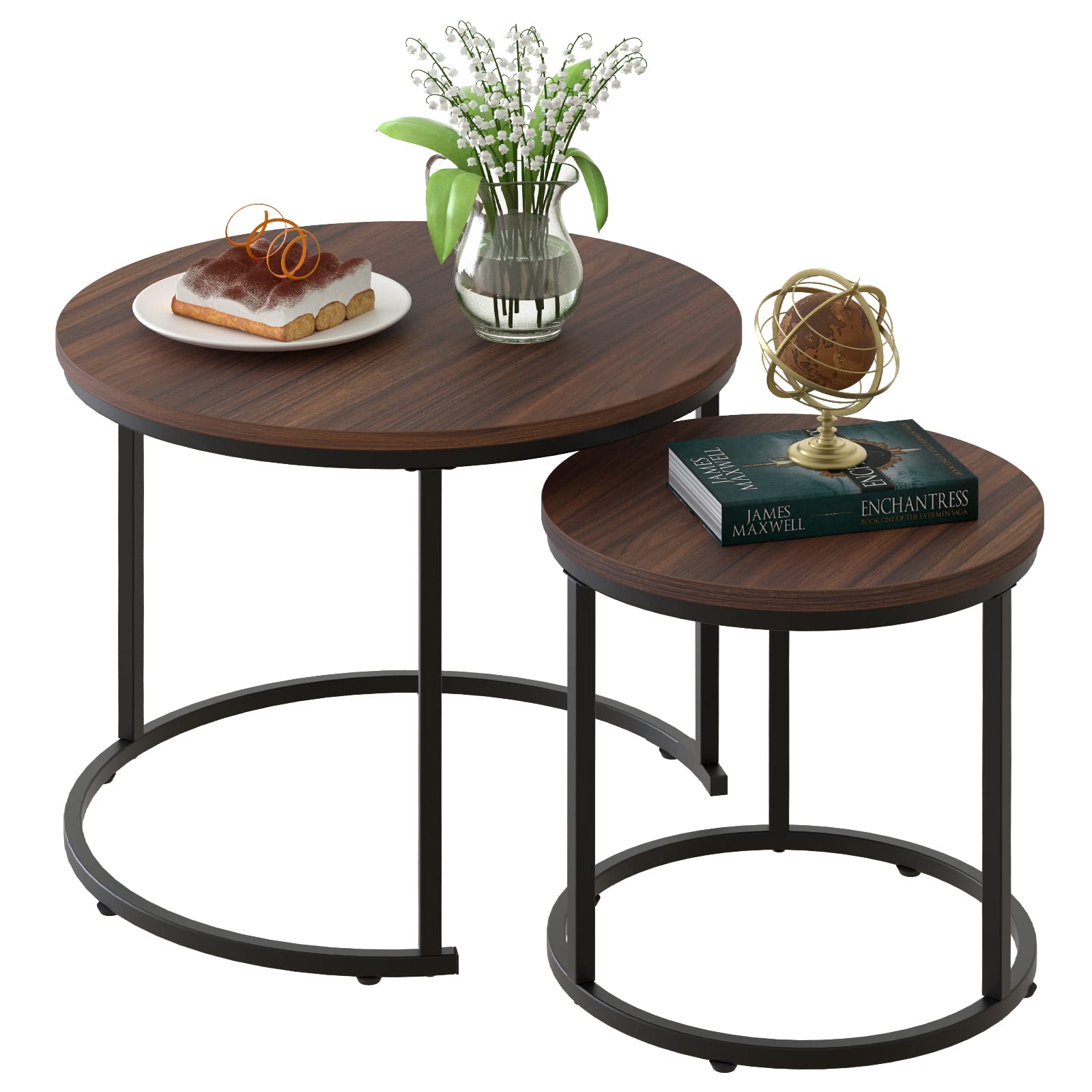 aboxoo Coffee Table Nesting Side Round Set of 2 End Table Top Sturdy Metal Frame Desk Centerpiece Living Room Bedroom Apartment 