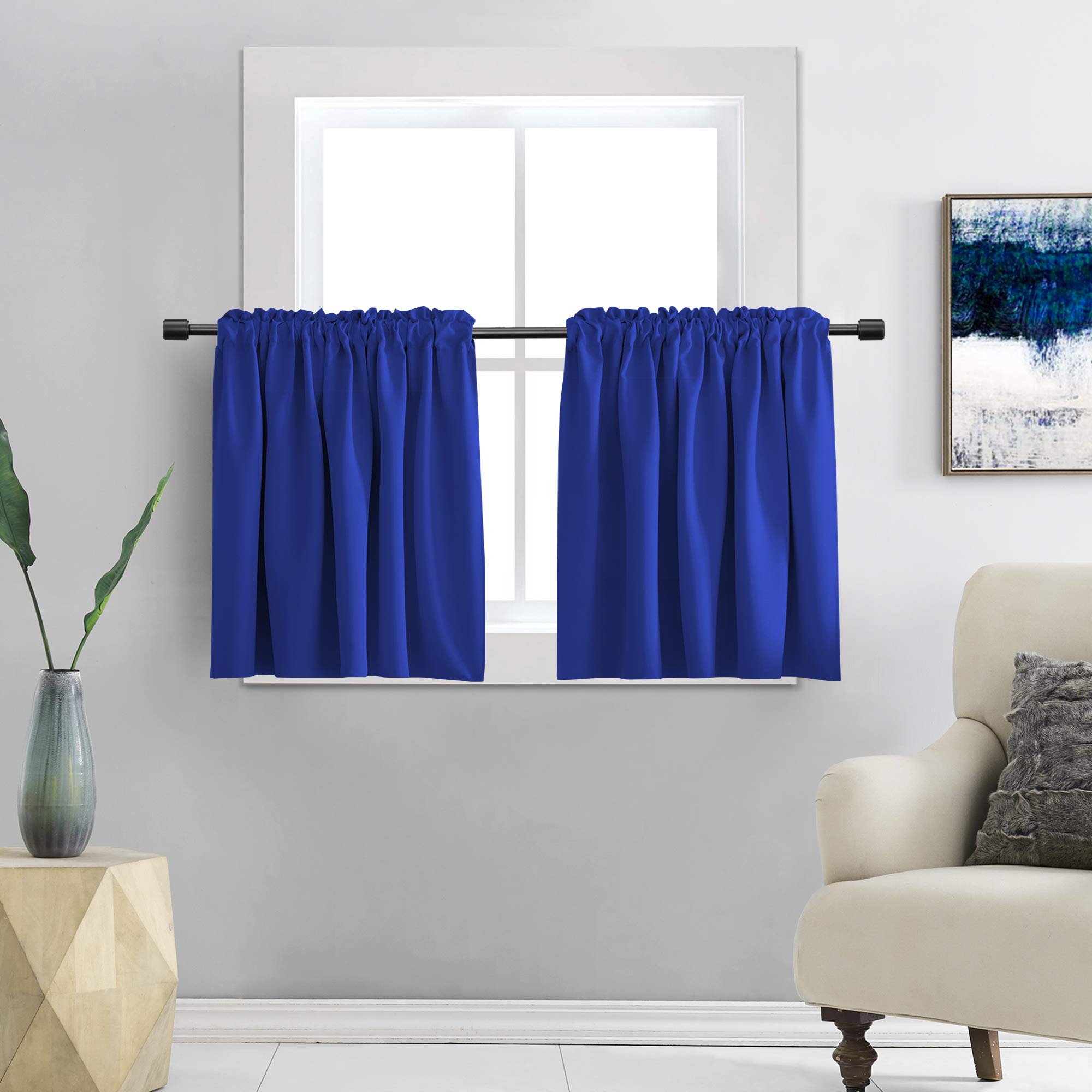 DONREN Classic Blue Blackout Tier Curtain Panels for Small Window - Thermal Insulated Room Darkening Rod Pocket Valance Curtains