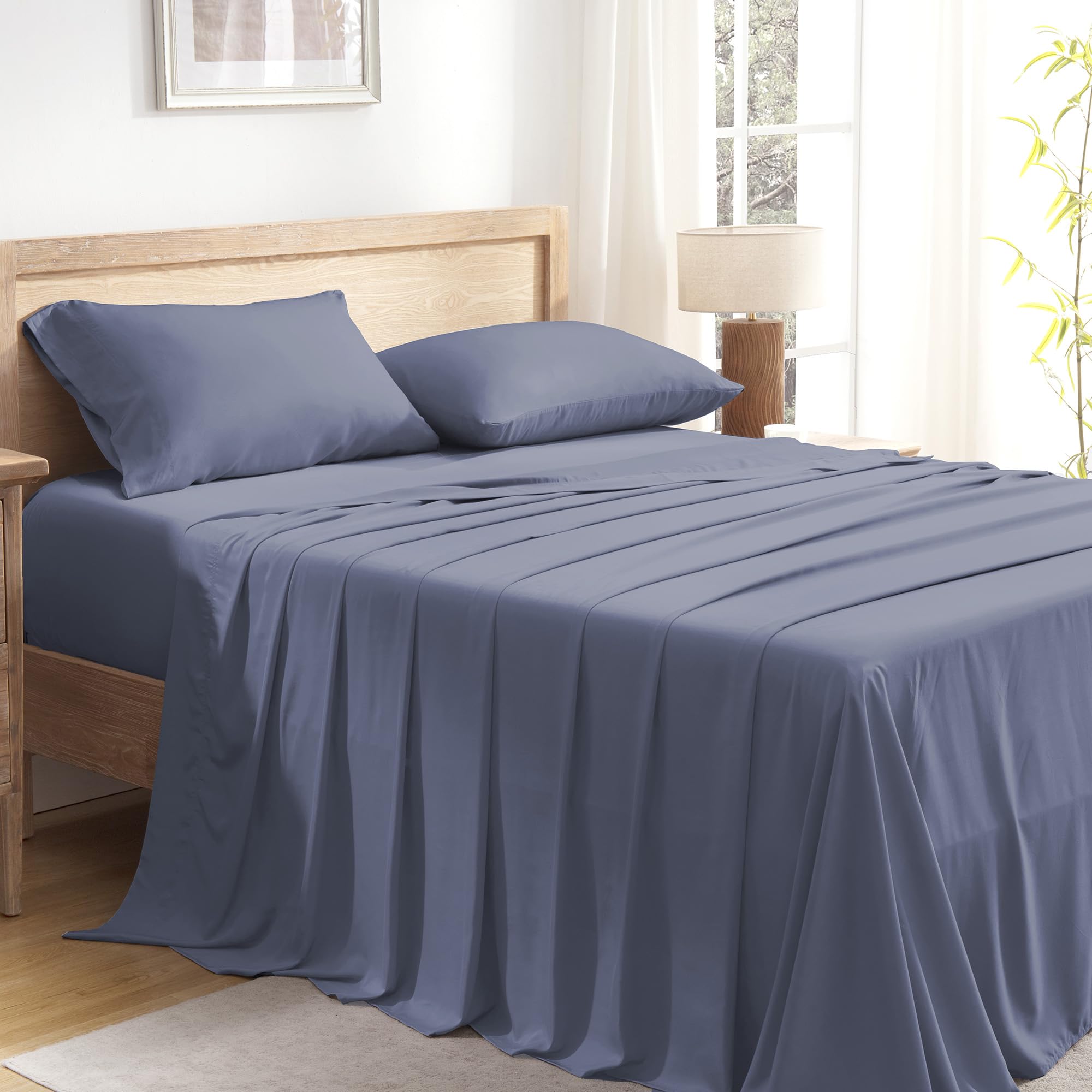 Andency Dark Blue Grey Queen Sheets Set, 100% Viscose Derived from Bamboo, Cooling Bed Sheets Queen Size, Deep Pocket Up to 16, 