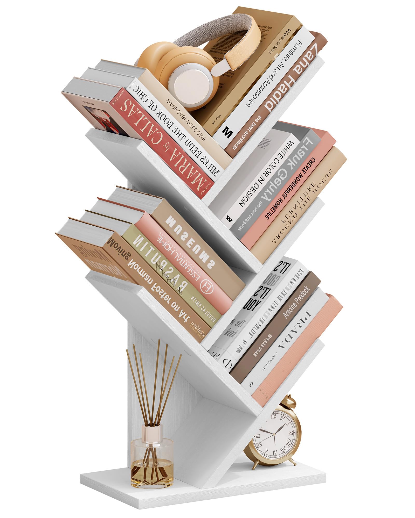 Hoctieon 4 Tier Tree Bookshelf, 4 Shelf Bookcase, Free Standing Tree Bookcase, Display Floor Standing Shelf for Books, Book Orga