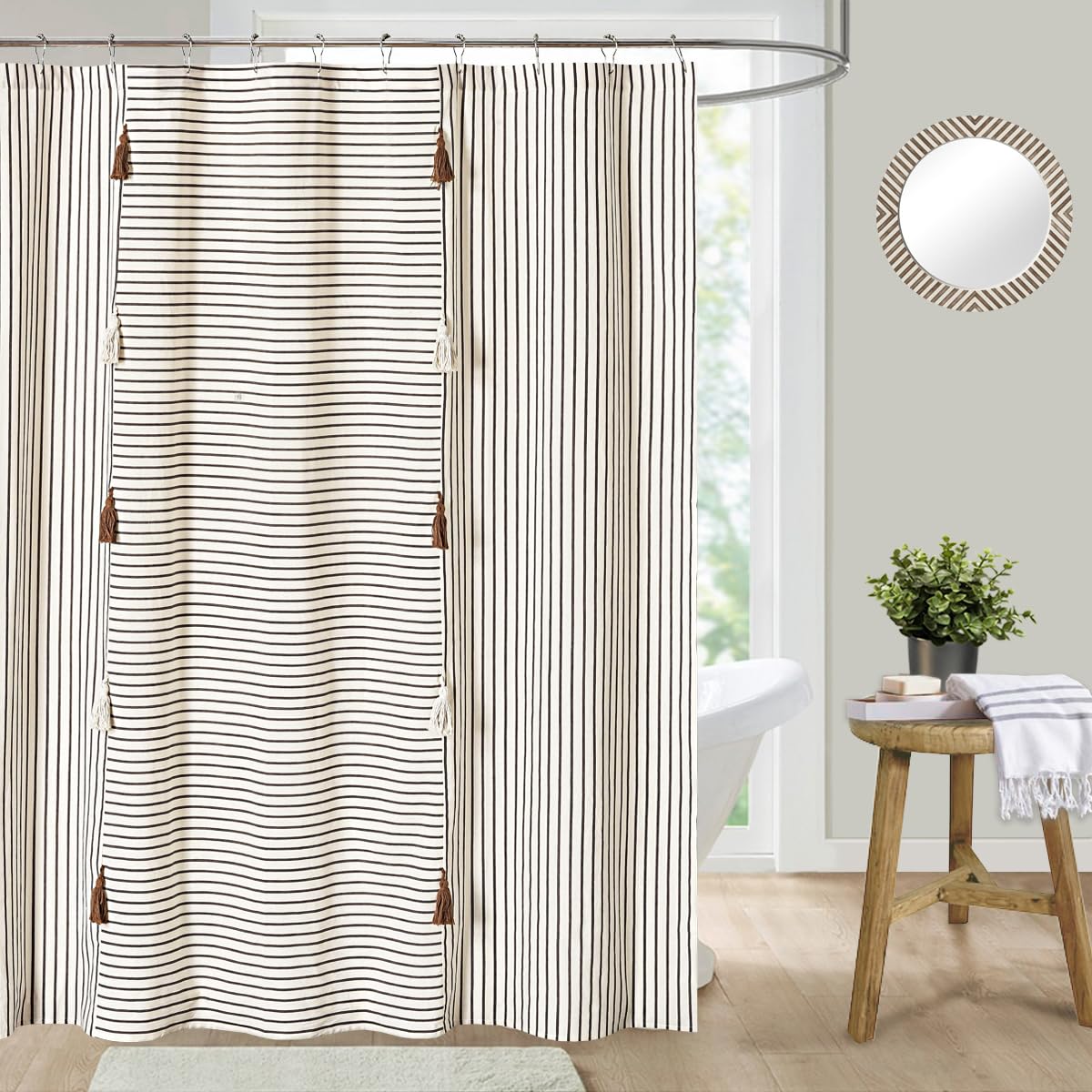DOSLY ID  ES Taupe and Beige Stripe Patchwork Cotton Tassel Shower Curtain for Bathroom,Farmhouse,Country Rustic and Cute Style,