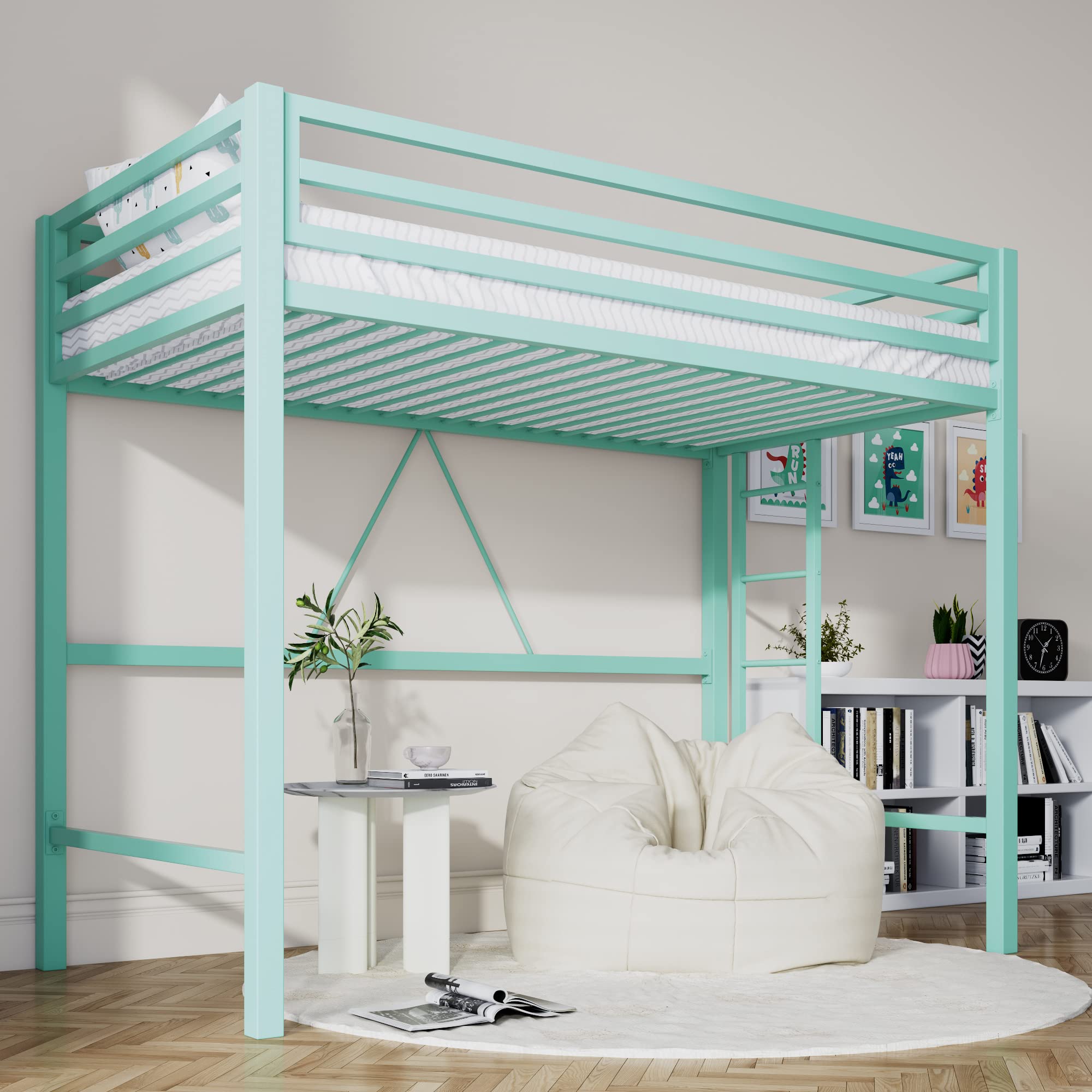 SHA CERLIN Loft Bed Twin Size with Ladder and Guardrail,Heavy Duty Metal Slats Support No Box Spring Needed Small Space Saving F