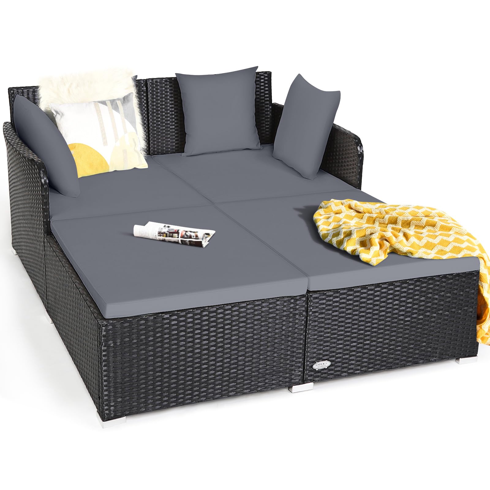 Tangkula Outdoor Rattan Daybed, Wicker Furniture with Spacious Seat, Upholstered Cushion & High-Resilience Sponge, Patio Sofa Se