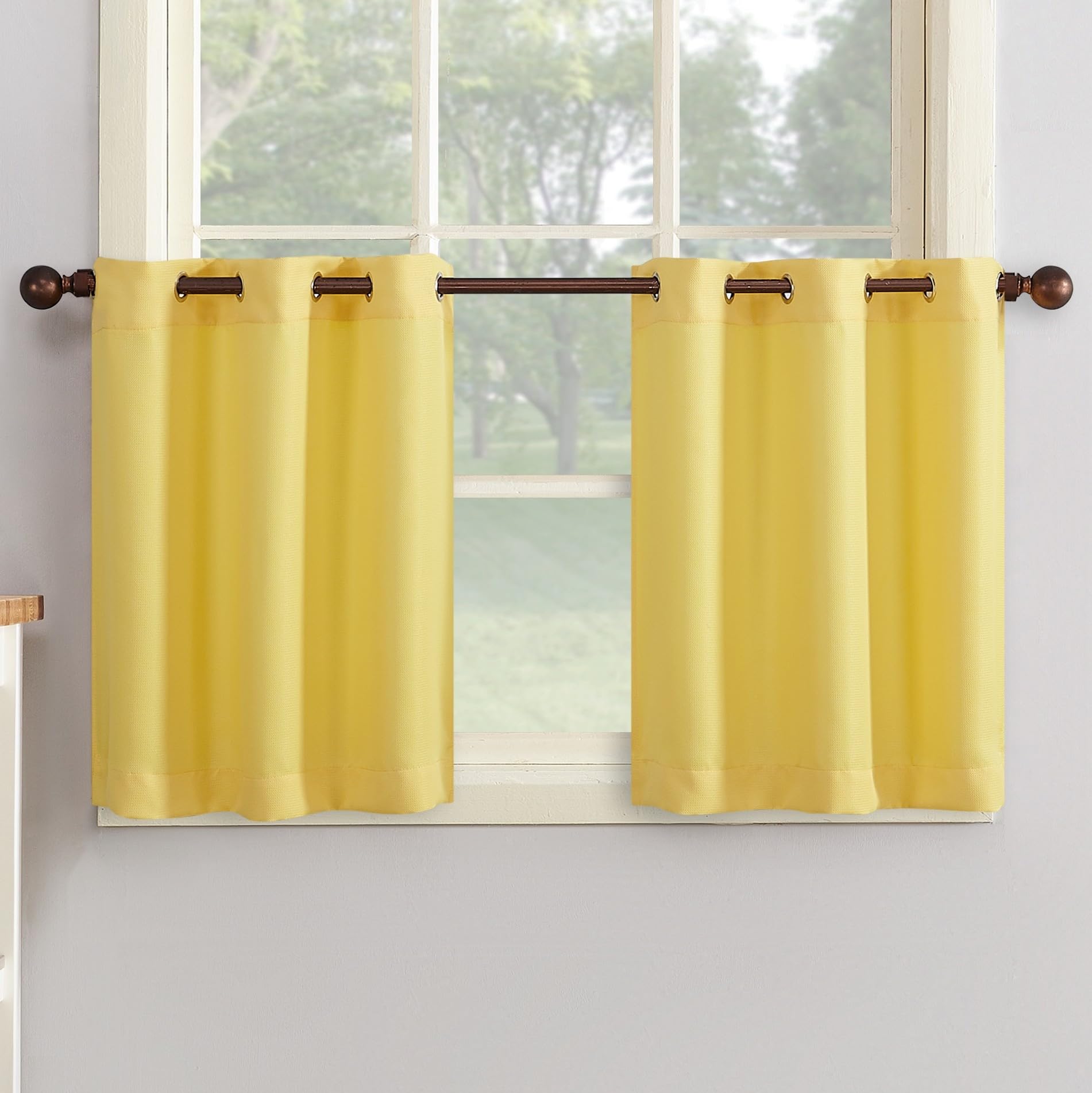 No. 918 Montego Casual Textured Semi-Sheer Grommet Kitchen Curtain Tier Pair, 56 x 24, Yellow