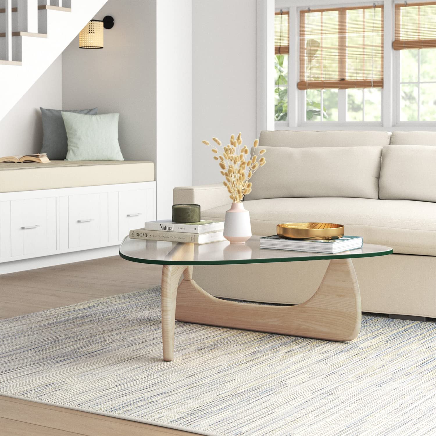 Rimdoc Noguchi Table Triangle Glass Coffee Table Vintage Glass End Table, Solid Wood Base & Triangle Clear Glass Top Modern End 