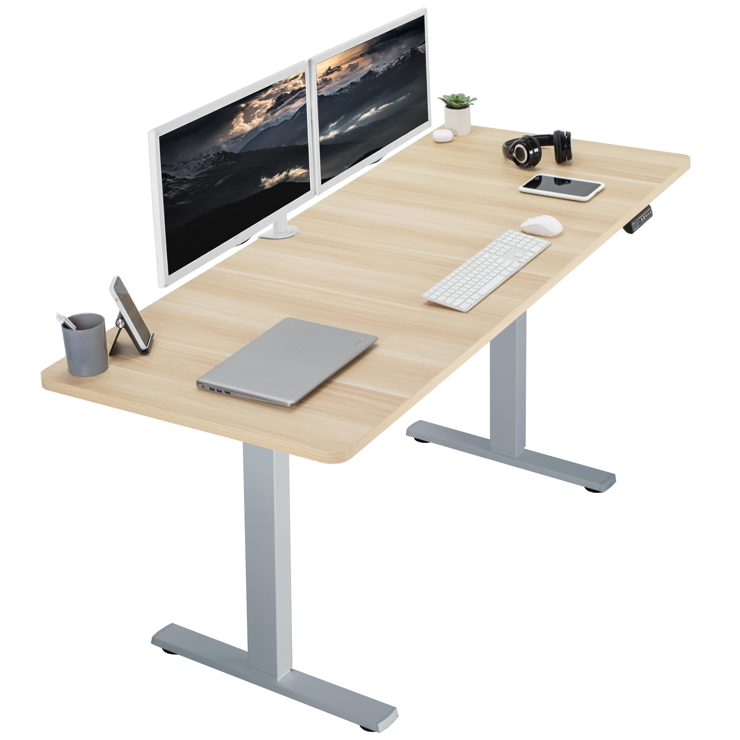 VIVO Electric Height Adjustable 71 x 30 inch Memory Stand Up Desk, Light Wood Table Top, Gray Frame, Standing Workstation with P