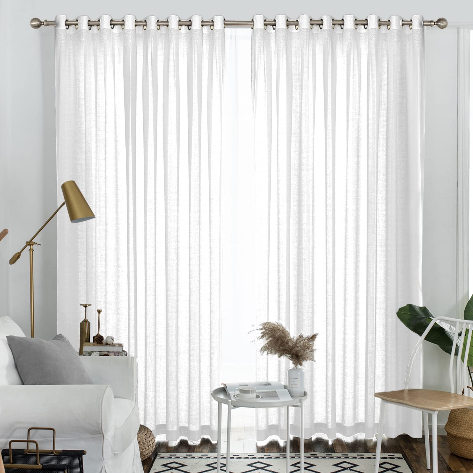 Melodieux White Semi Sheer Curtains 108 Inches Long for Living Room, Bedroom Extra Long Linen Look Rustic Grommet Voile Drapes, 