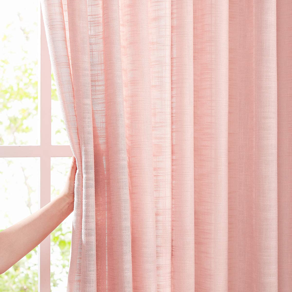 FMFUNCTEX Semi-Sheer Curtains for Girls Room Coral Pink Linen Textured Privacy Window Curtain Draperies for Nursery Room Kids B