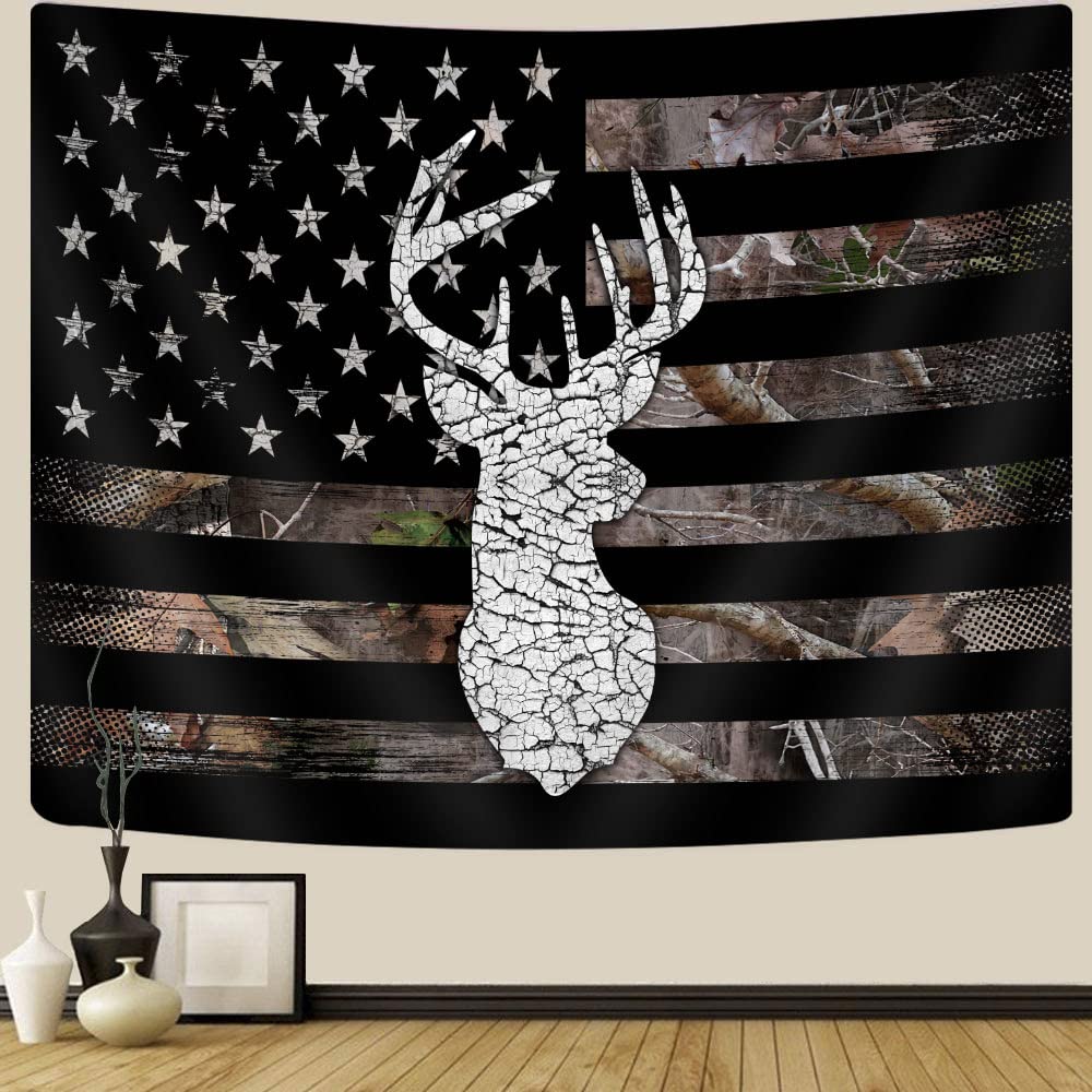 GOAOK Western Tapestry, Black White American Flag Tapestry, Country Deer Hunting Camo Tapestry for Men Guys Room Decor, Tapestri