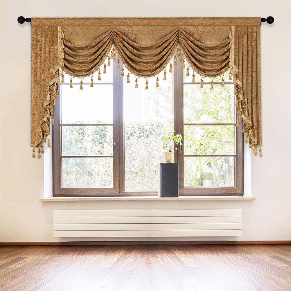 ELKCA Thick Chenille Window Curtains Valance for Living Room Bronze Waterfall Valance for Bedroom,1 Panel (Bronze, W79)
