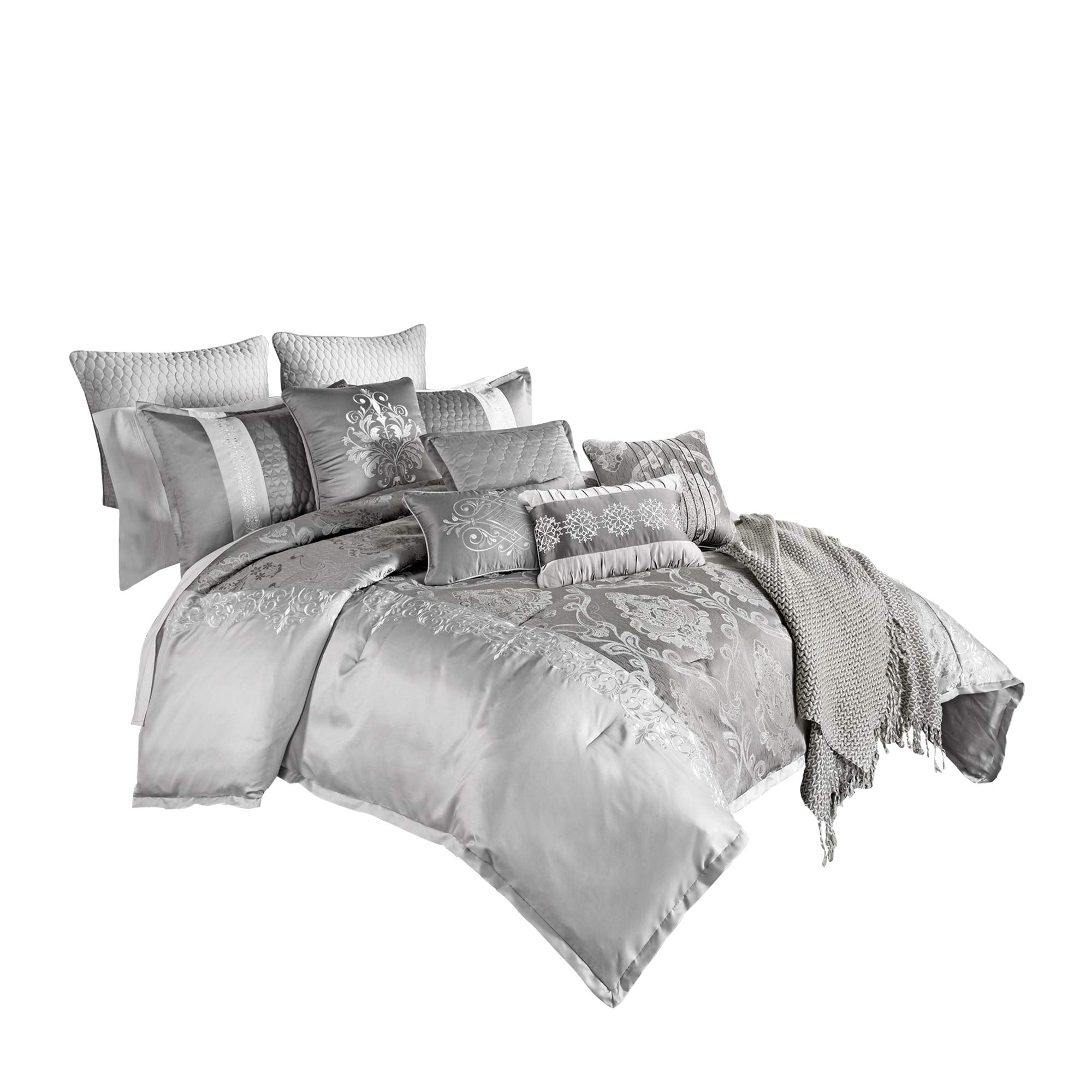 Benjara 12 Piece Queen Polyester Comforter Set with Medallion Print, Gray