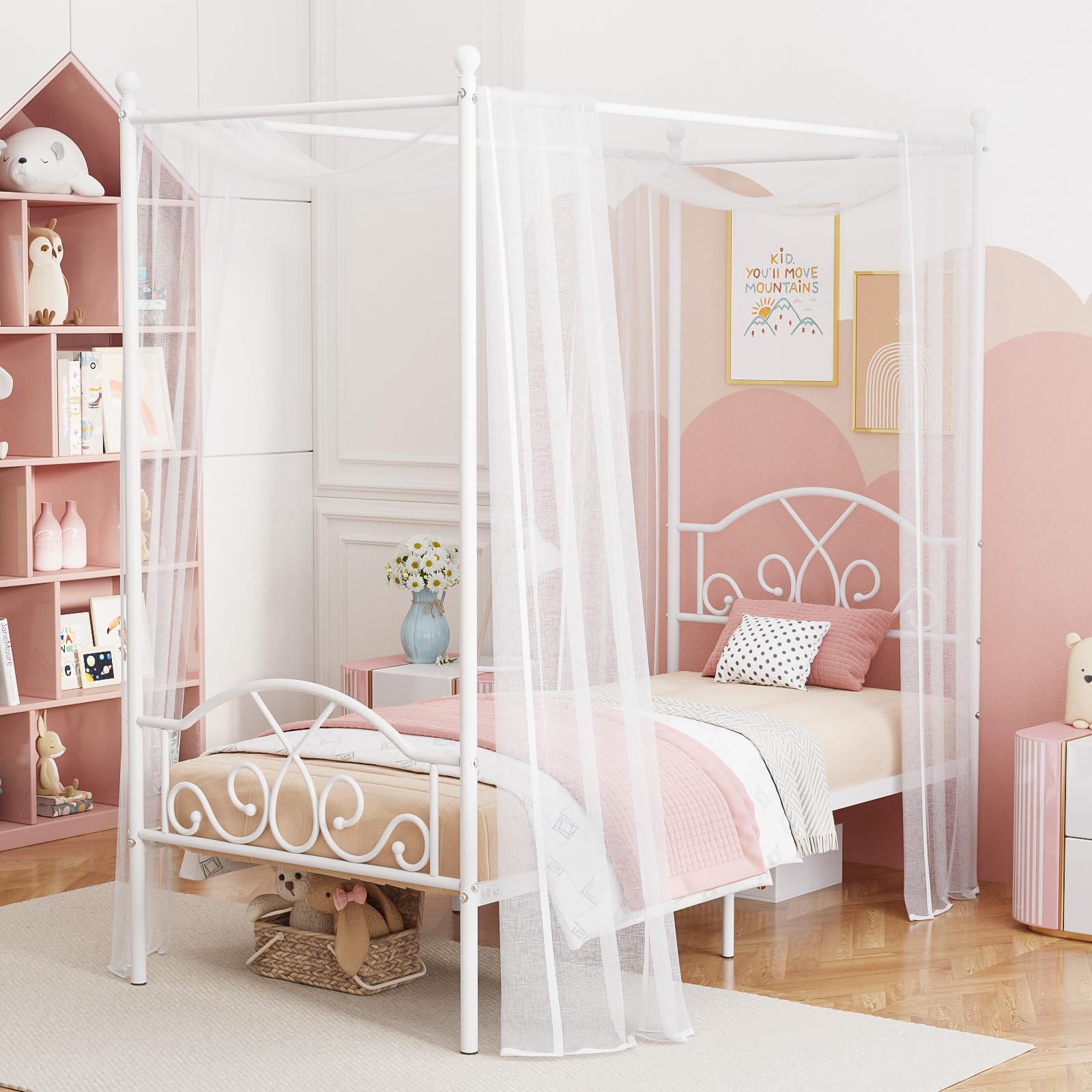 Weehom Twin Canopy Bed Frame with Headboard and Footboard Metal Four Posters Curtains Design Mattress Foundation Bed Platform Un
